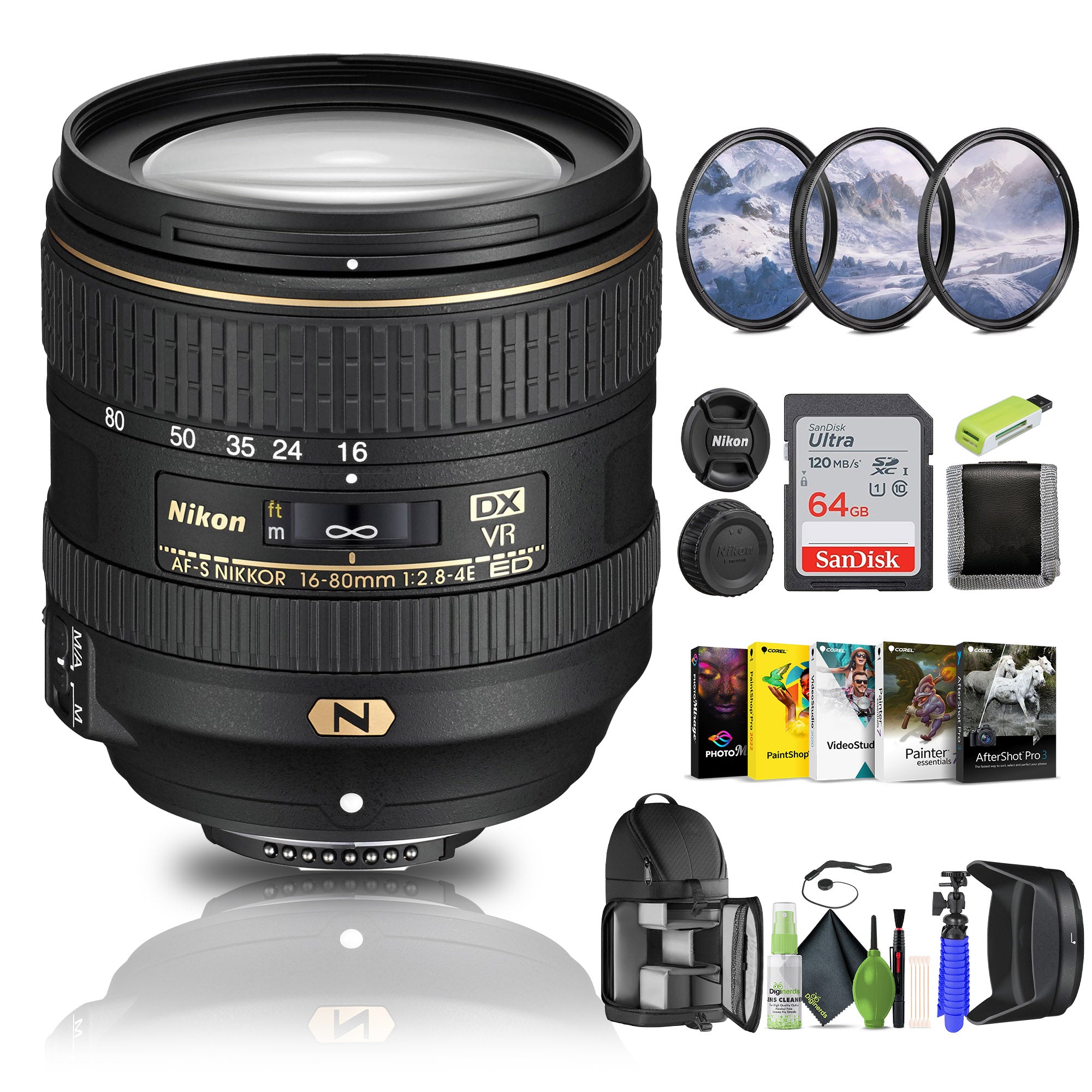 Nikon AF-S DX NIKKOR 16-80mm f/2.8-4E ED VR Lens 20055 + 64GB Memory Card - Bundle