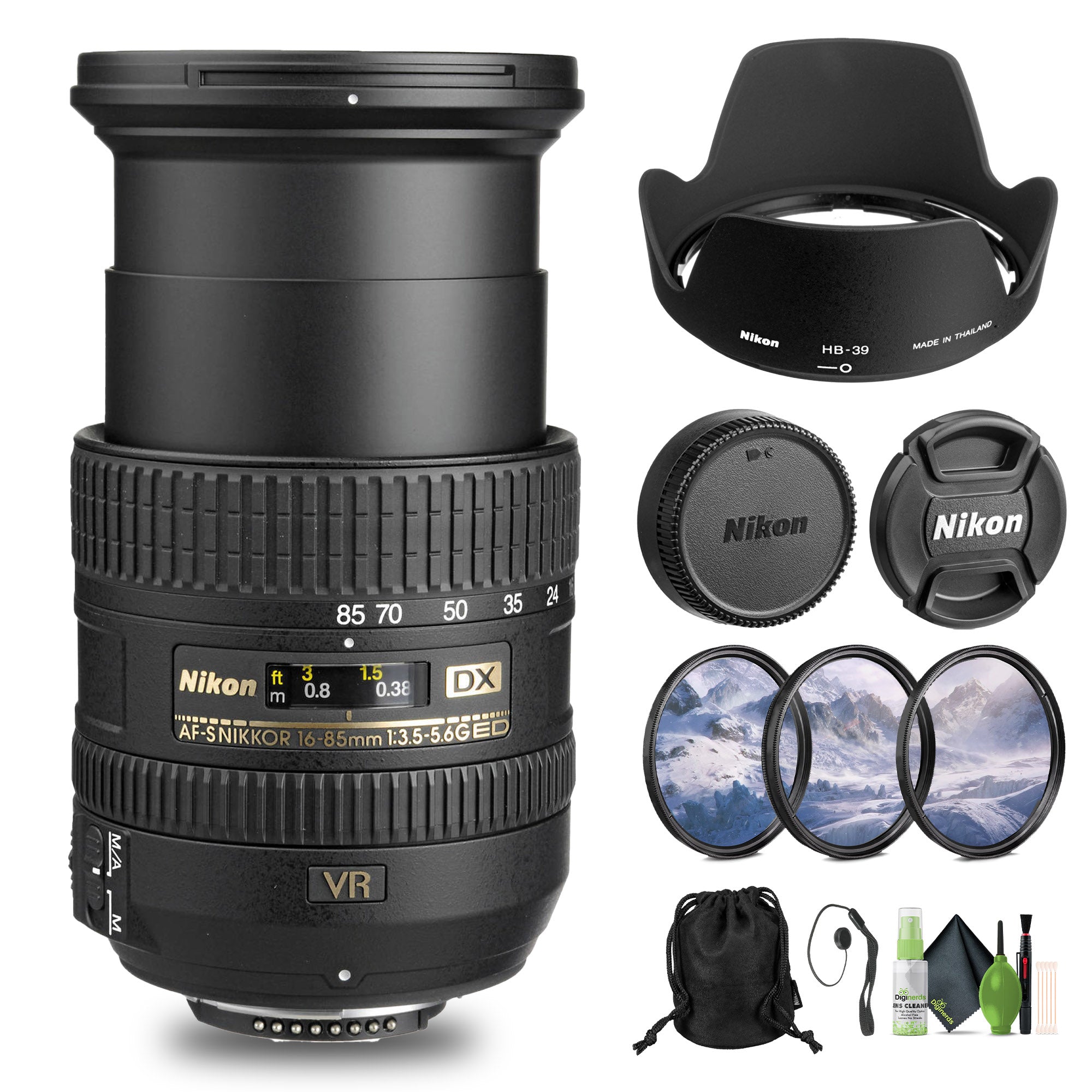Nikon AF-S DX NIKKOR 16-85mm f/3.5-5.6G ED VR Lens 2178 + Filter Kit + Cap Keeper - Bundle