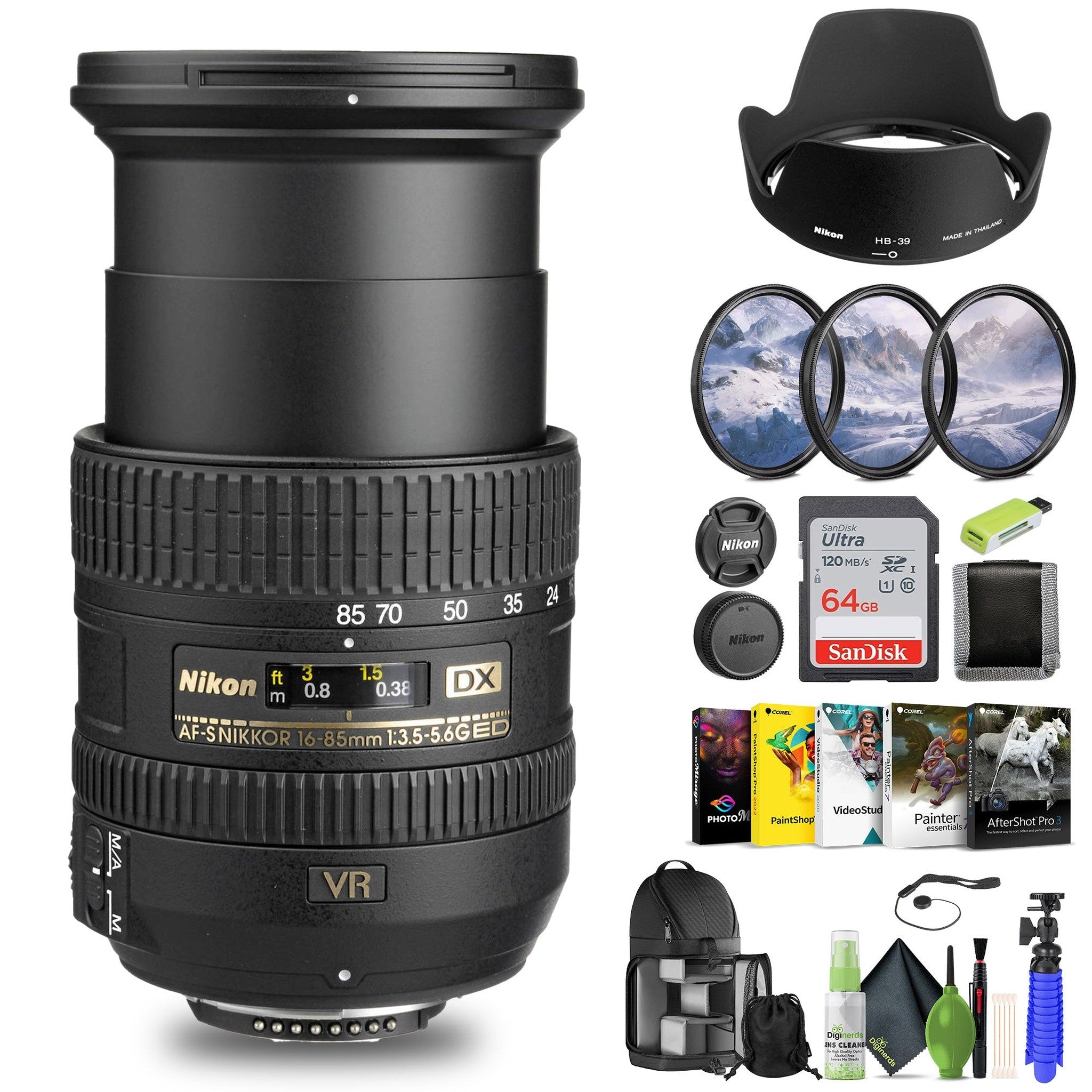 Nikon AF-S DX NIKKOR 16-85mm f/3.5-5.6G ED VR Lens 2178 + 64GB Memory Card - Bundle