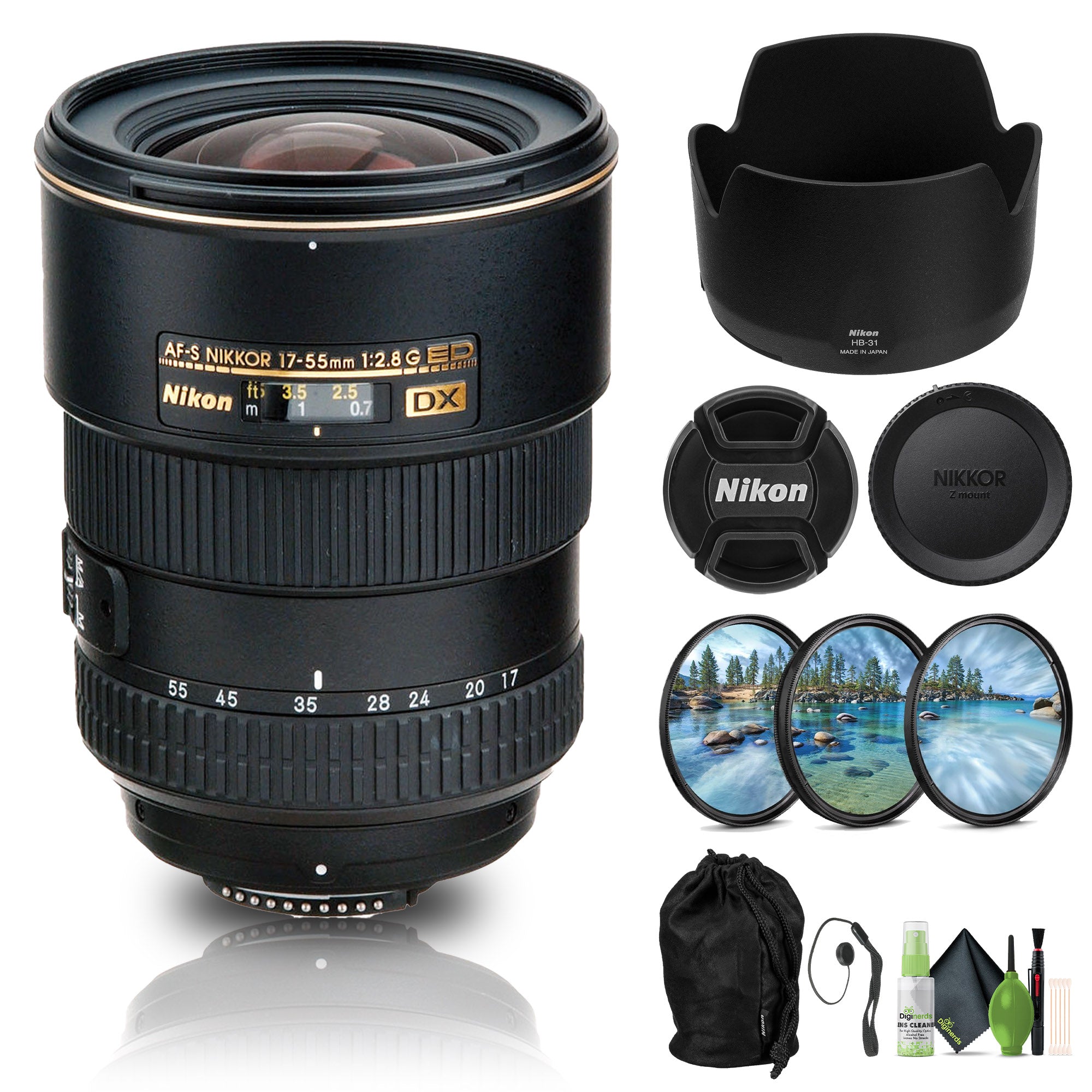 Nikon AF-S DX Zoom-NIKKOR 17-55mm f/2.8G IF-ED Lens (2147) + Filter Kit + Cap Keeper - Bundle