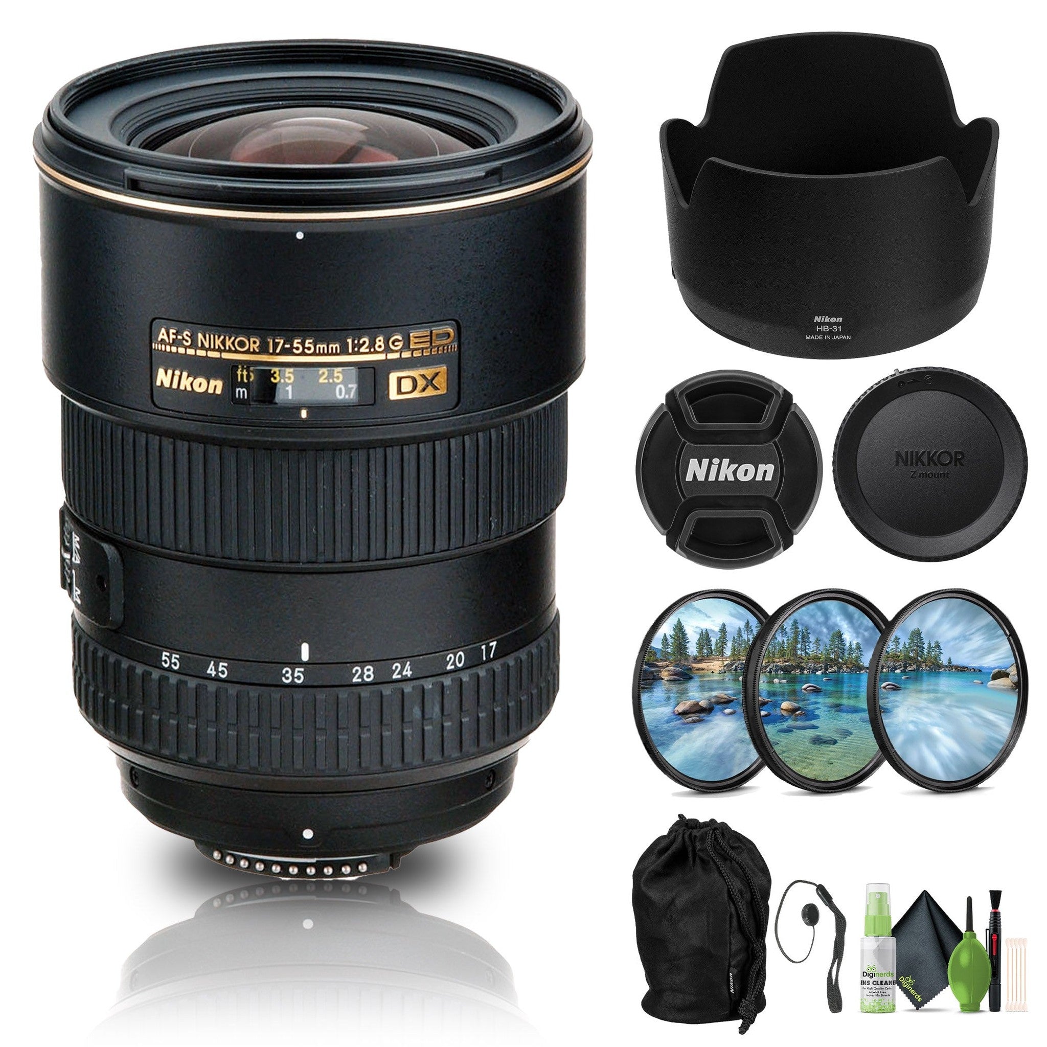Nikon AF-S DX Zoom-NIKKOR 17-55mm f/2.8G IF-ED Lens 2147 + Filter Kit + Cap Keeper - Bundle Nikon