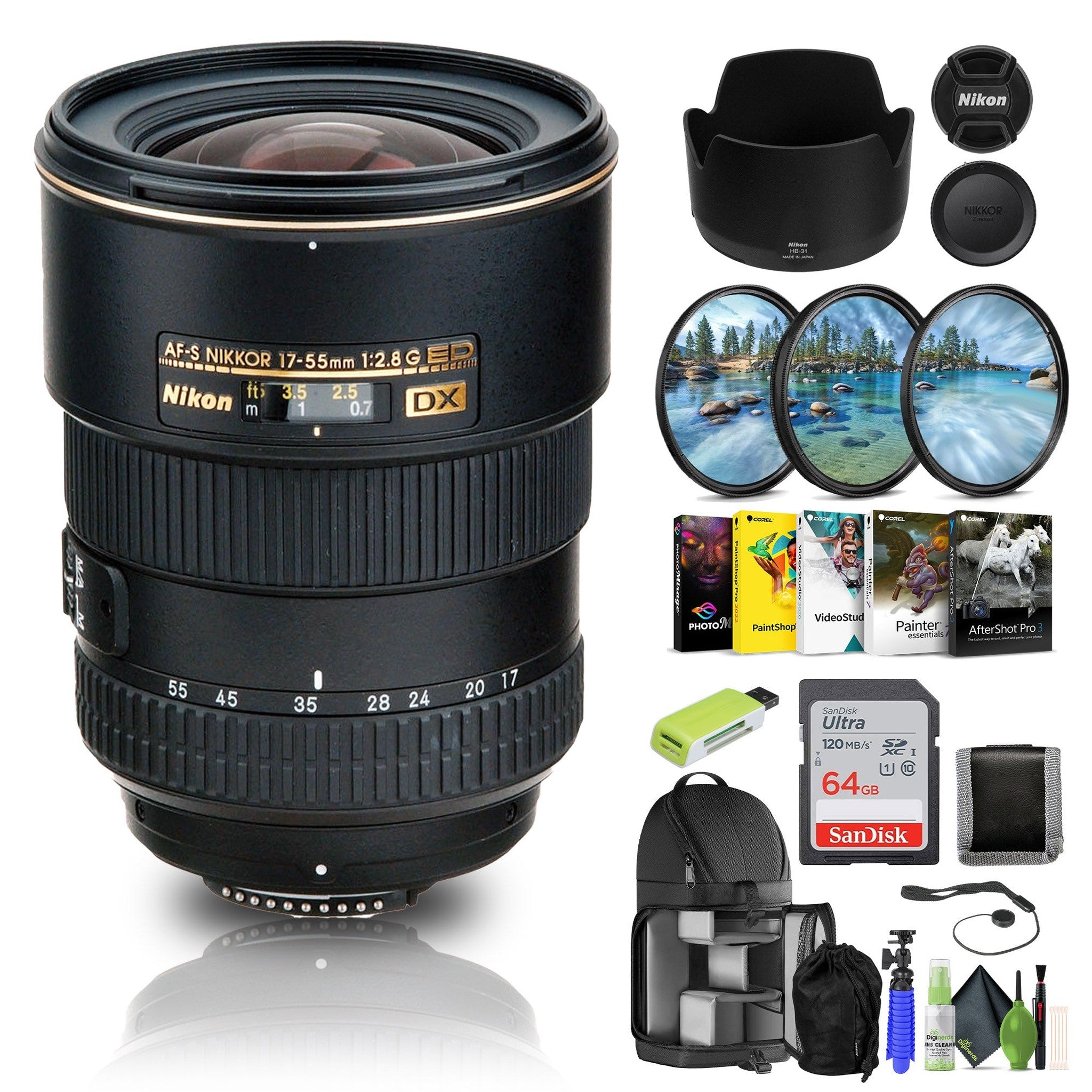 Nikon AF-S DX Zoom-NIKKOR 17-55mm f/2.8G IF-ED Lens 2147 + 64GB Memory Card - Bundle Nikon