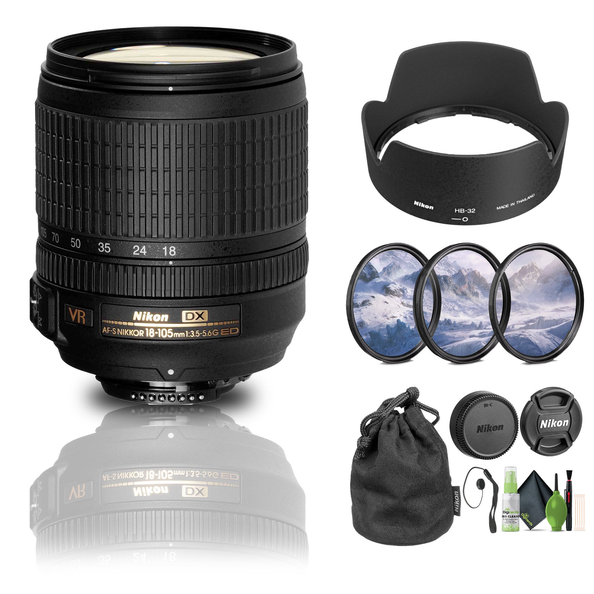 Nikon AF-S DX NIKKOR 18-105mm f/3.5-5.6G ED VR Lens 2179 + Filter Kit + Cap Keeper - Bundle