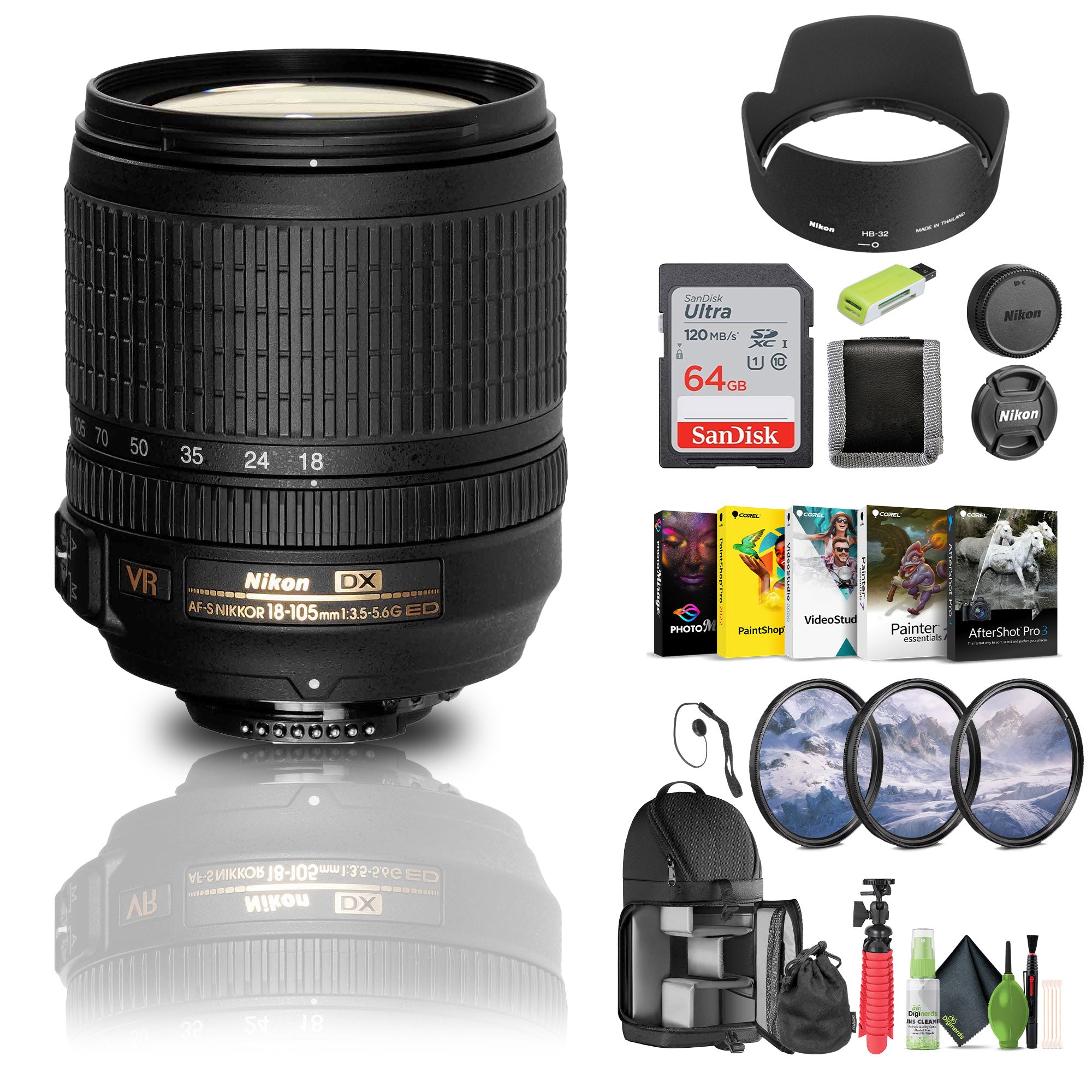 Nikon AF-S DX NIKKOR 18-105mm f/3.5-5.6G ED VR Lens (2179) + 64GB Memory Card - Bundle