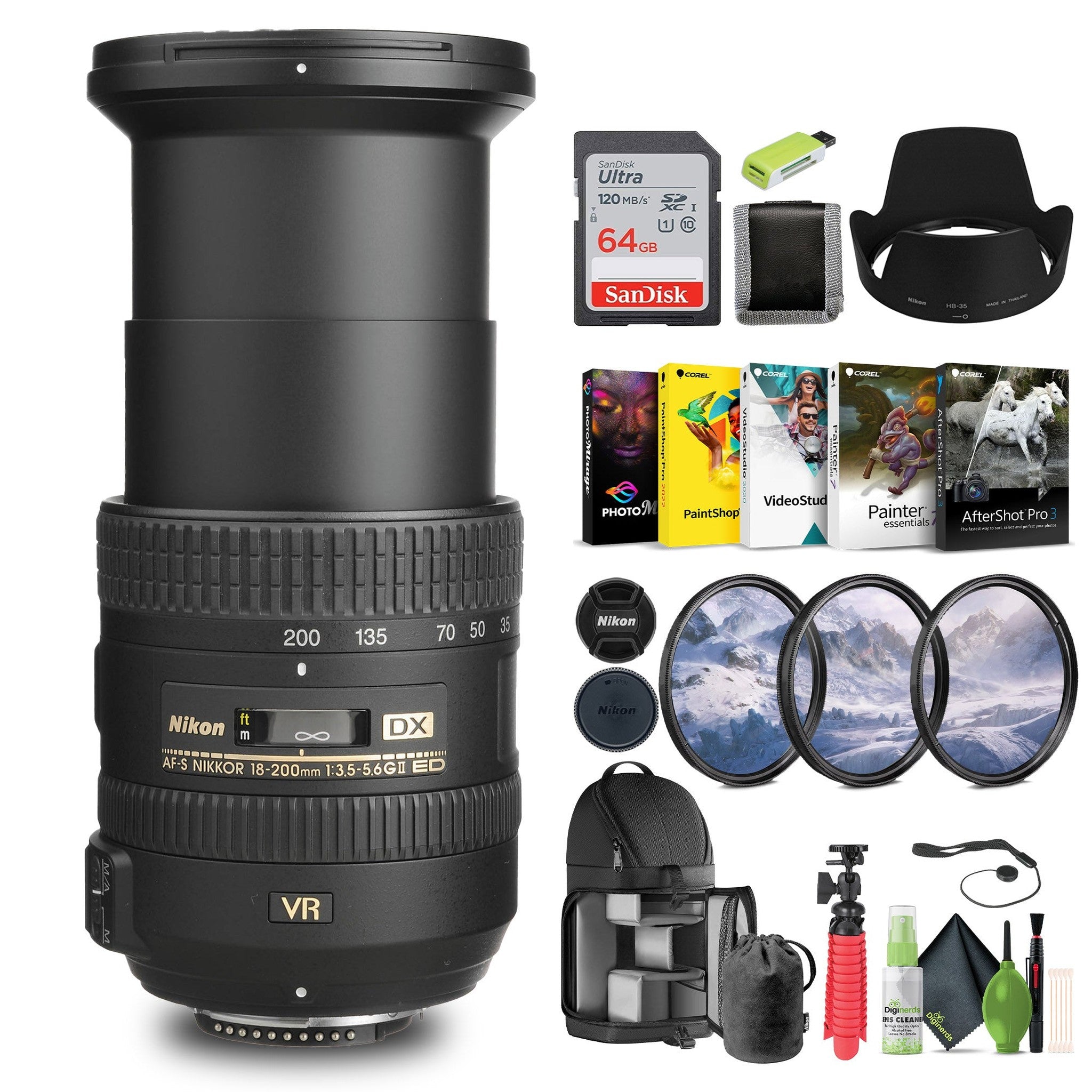 Nikon AF-S DX NIKKOR 18-200mm f/3.5-5.6G ED VR II Lens 2192 + 64GB Memory Card - Bundle Nikon