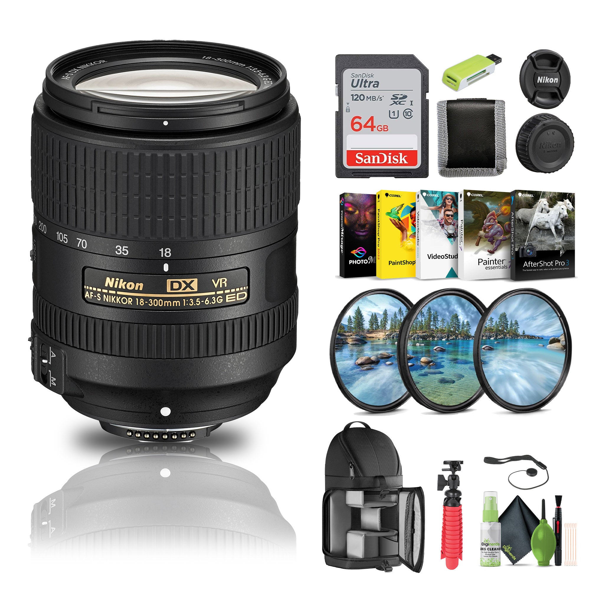 Nikon AF-S DX NIKKOR 18-300mm f/3.5-6.3G ED VR Lens 2216 + 64GB Memory Card - Bundle