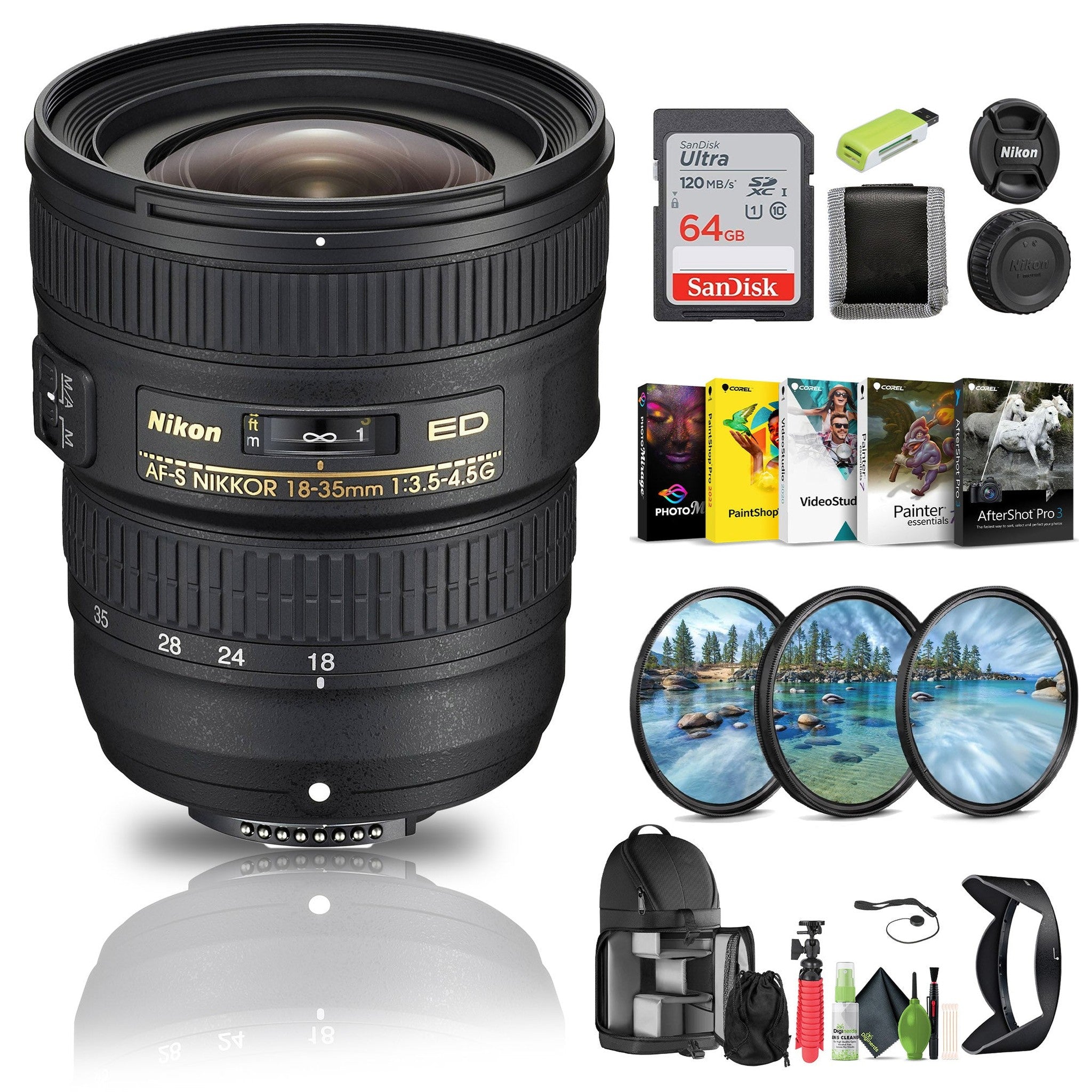 Nikon AF-S NIKKOR 18-35mm f/3.5-4.5G ED Lens 2207 + 64GB Memory Card + Filter - Bundle