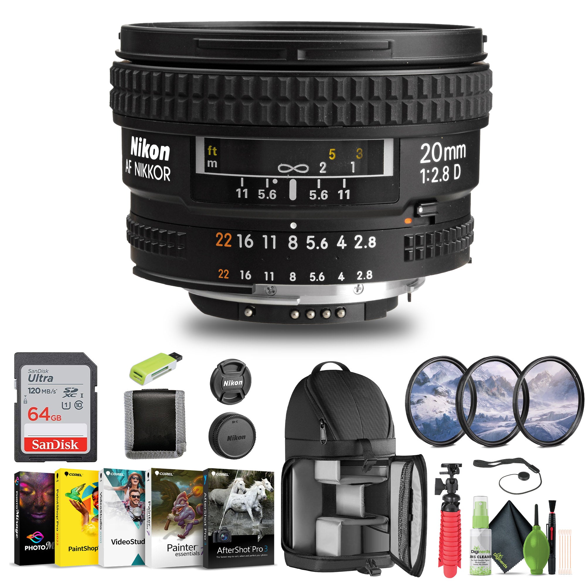 Nikon AF NIKKOR 20mm f/2.8D Lens 1913 + 64GB Memory Card + Filter Kit + BackPack - Bundle