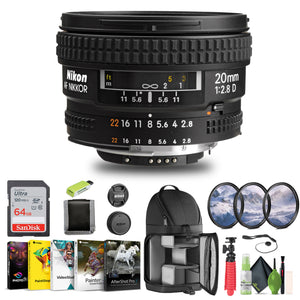 Nikon AF NIKKOR 20mm f/2.8D Lens 1913 + 64GB Memory Card + Filter Kit + BackPack - Bundle