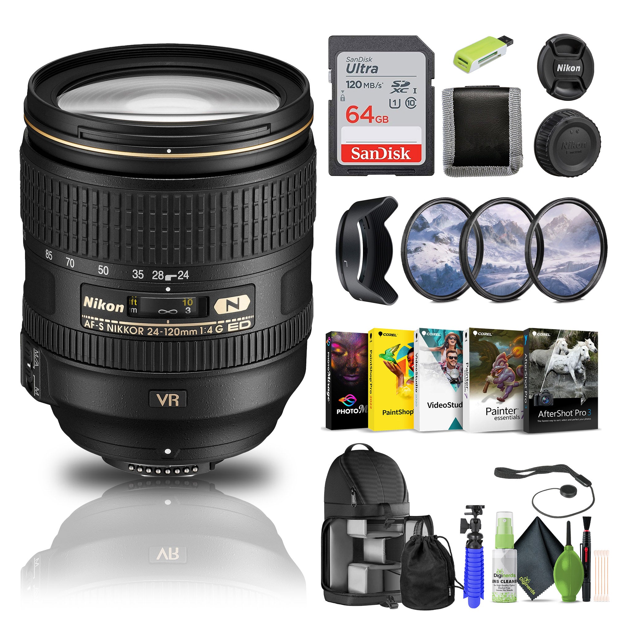 Nikon AF-S NIKKOR 24-120mm f/4G ED VR Lens 2193 + 64GB Memory Card + Filter Kit - Bundle