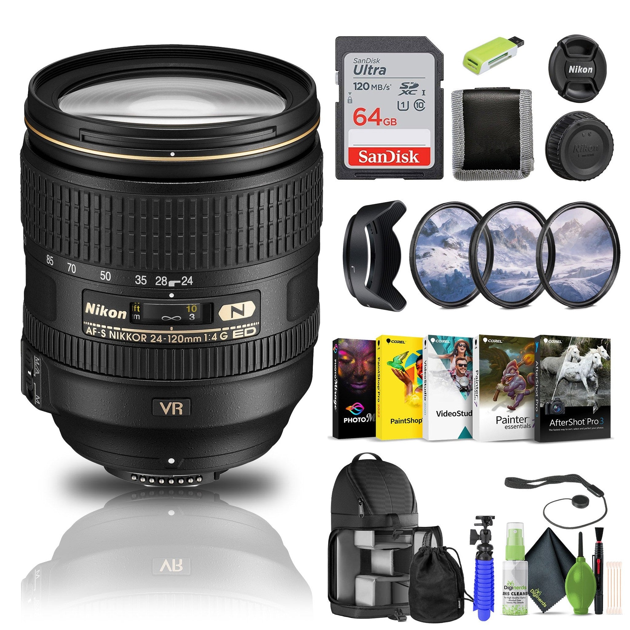 Nikon AF-S NIKKOR 24-120mm f/4G ED VR Lens 2193 + 64GB Memory Card + Filter Kit - Bundle Nikon