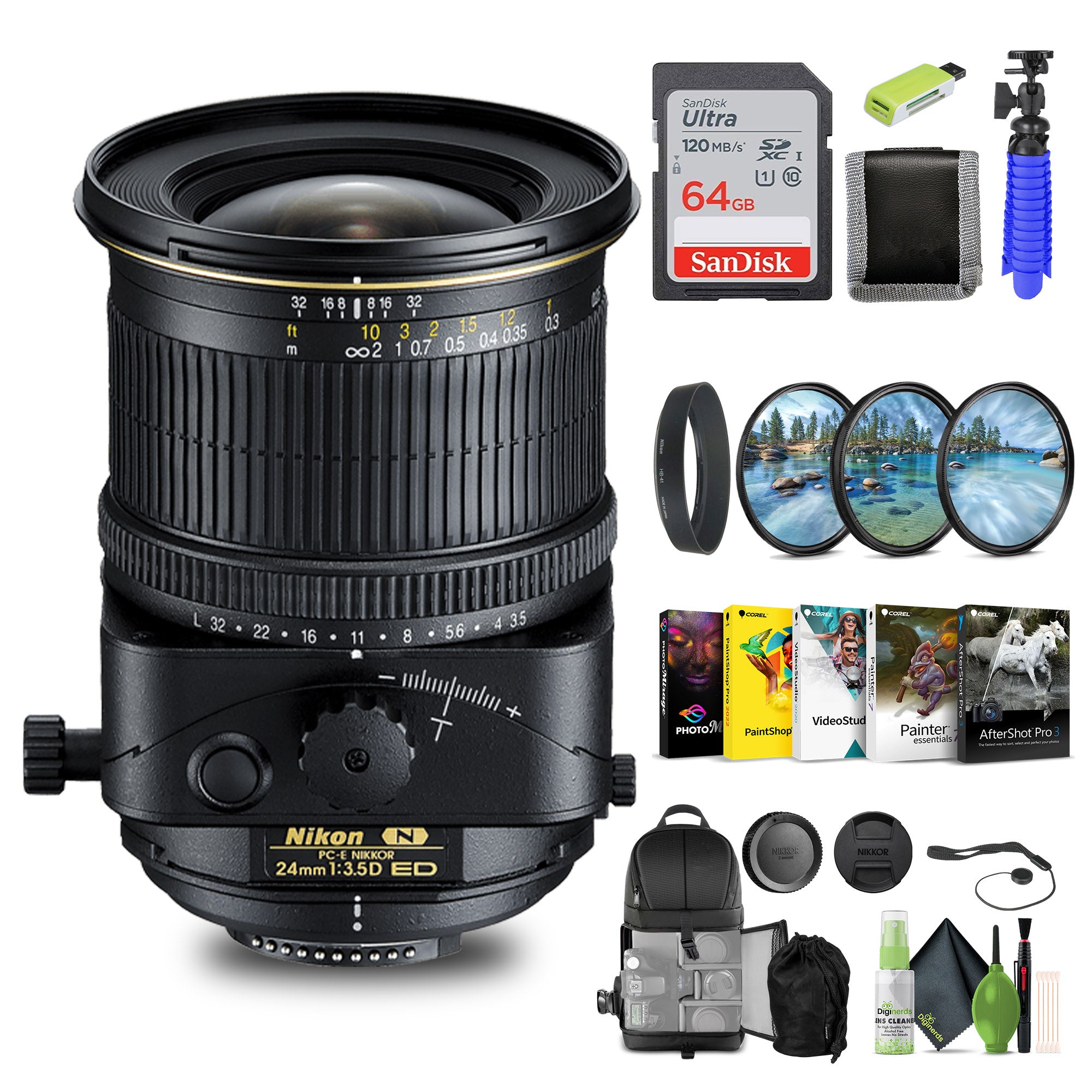 Nikon PC-E NIKKOR 24mm f/3.5D ED Tilt-Shift Lens 2168 + 64GB Memory Card + Filters - Bundle