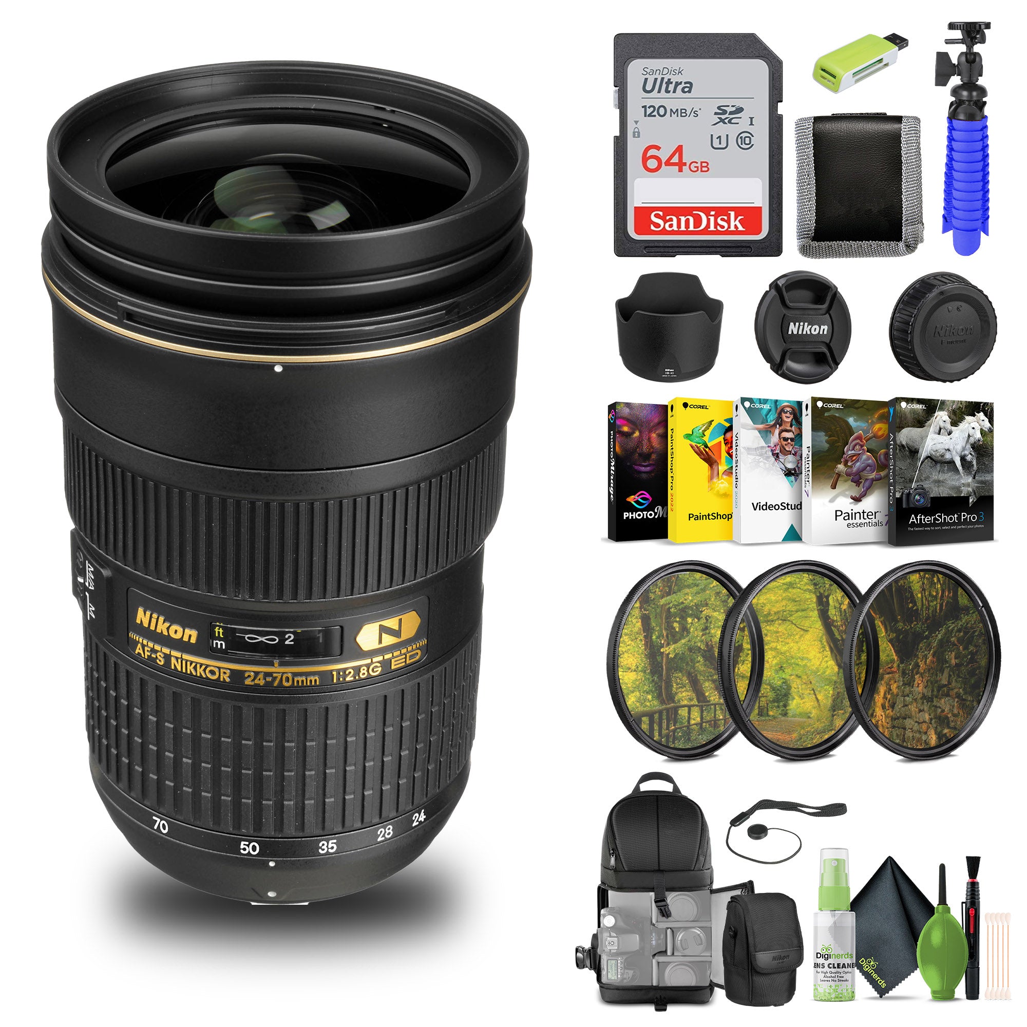 Nikon AF-S NIKKOR 24-70mm f/2.8G ED Lens 2164 + 64GB Memory Card + Filter Kit - Bundle