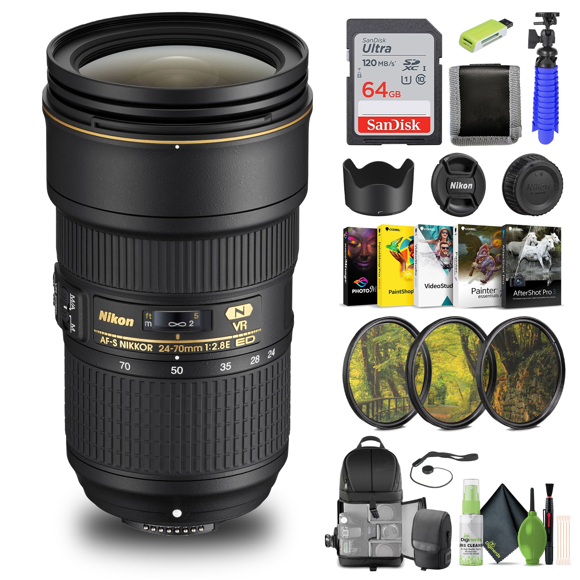 Nikon - AF-S NIKKOR 24-70mm f/2.8E ED VR Wide-Angle Zoom Lens 20052 + 64GB Card - Bundle