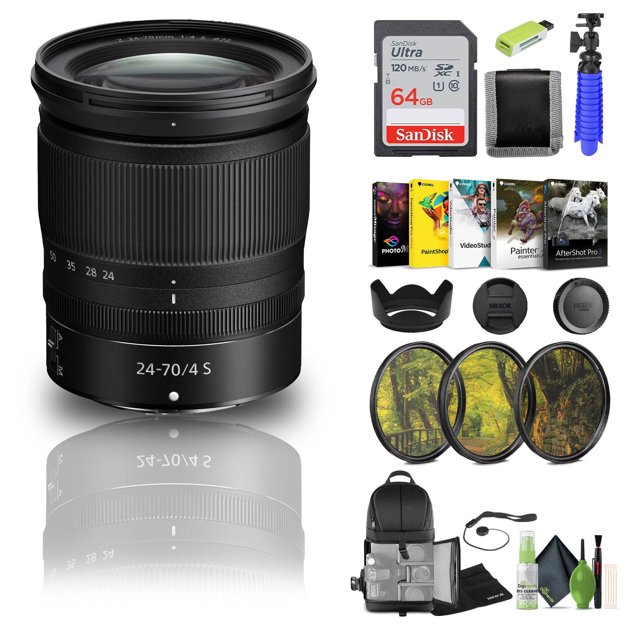 Nikon NIKKOR Z 24-70mm f/4 S Lens (20072) + 64GB Memory Card + Filter Kit + BackPack - Bundle