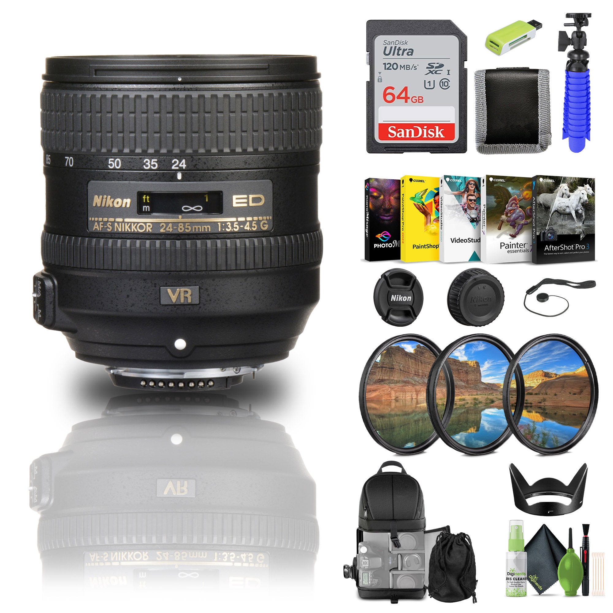 Nikon AF-S NIKKOR 24-85mm f/3.5-4.5G ED VR Lens (2204) + 64GB Memory Card + Filters - Bundle