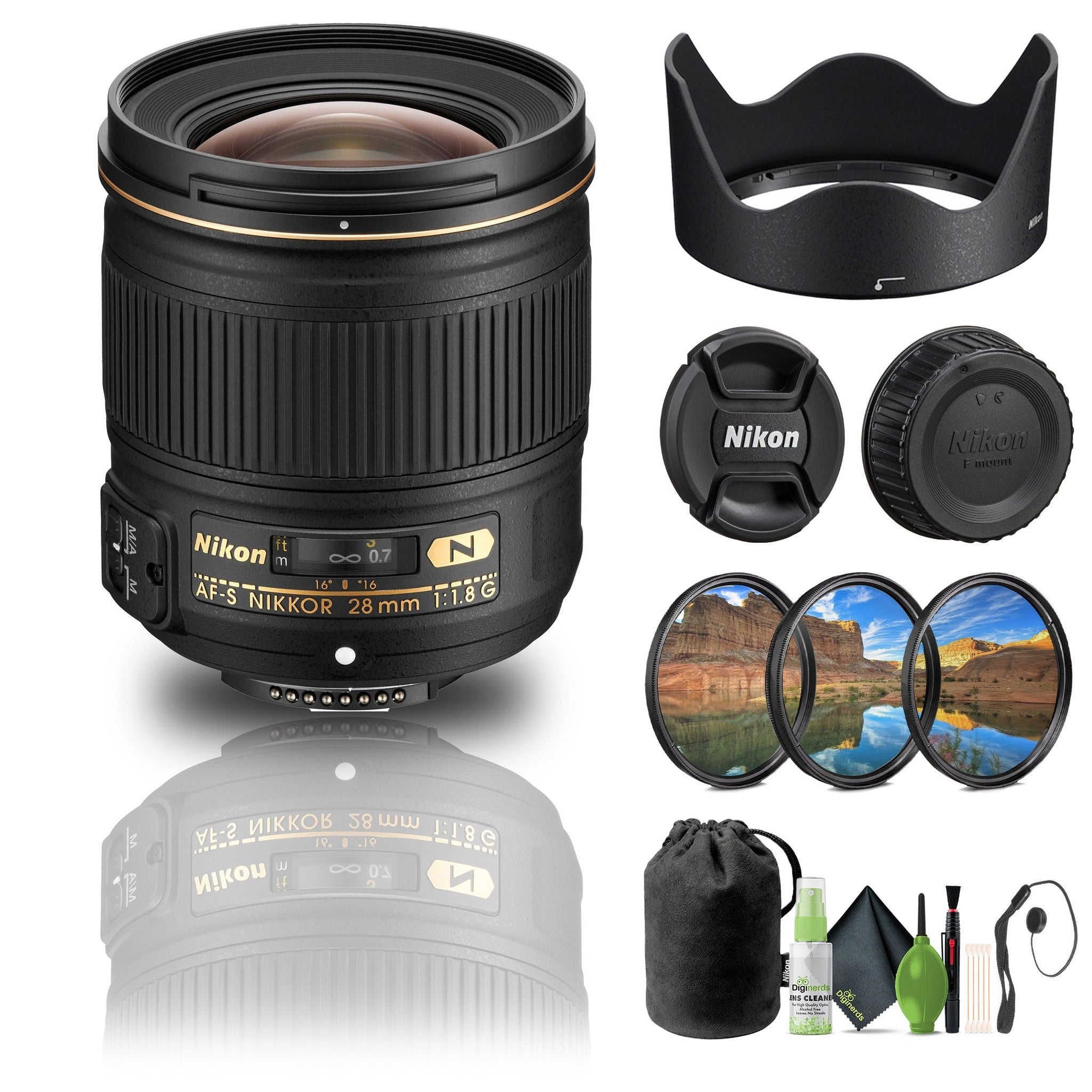 Nikon AF-S NIKKOR 28mm f/1.8G Lens 2203 + Filter Kit + Cap Keeper + Cleaning Kit - Bundle