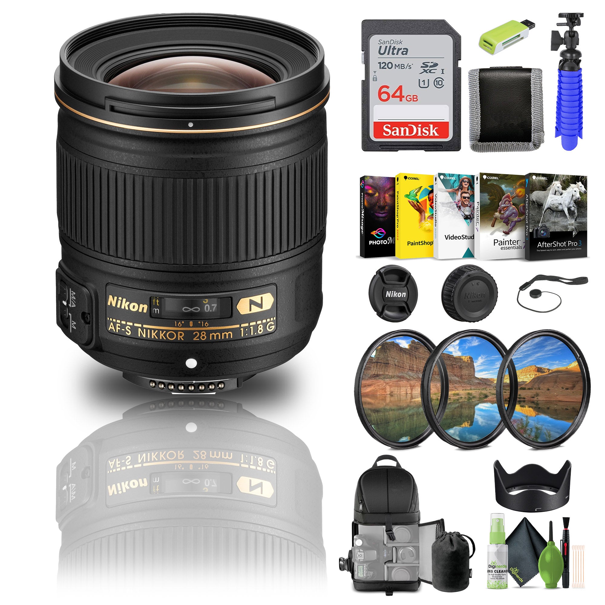 Nikon AF-S NIKKOR 28mm f/1.8G Lens (2203) + 64GB Memory Card + Filter Kit + BackPack - Bundle