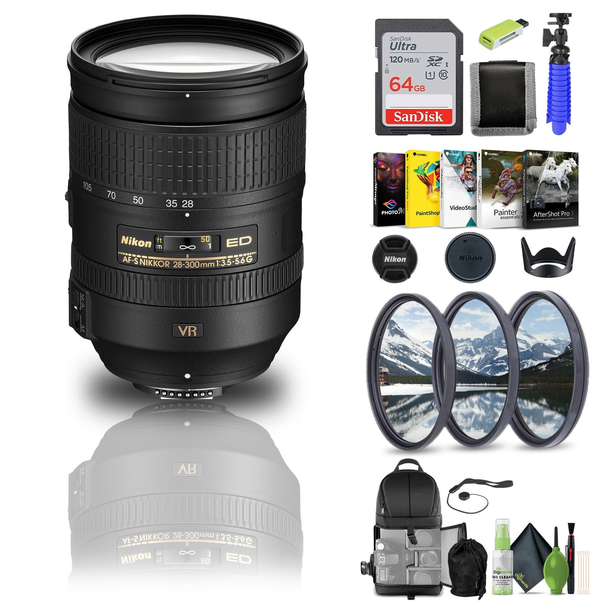 Nikon AF-S NIKKOR 28-300mm f/3.5-5.6G ED VR Lens 2191 + 64GB Memory Card + Filters - Bundle