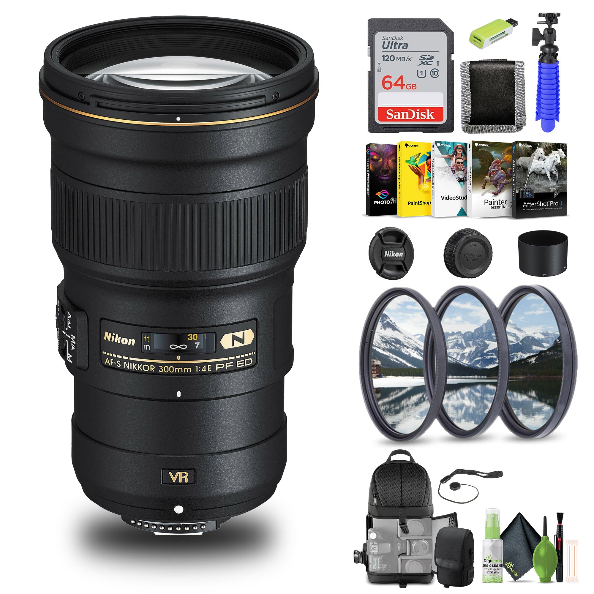 Nikon AF-S NIKKOR 300mm f/4E PF ED VR Lens (2223) + 64GB Memory Card + Filter Kit - Bundle