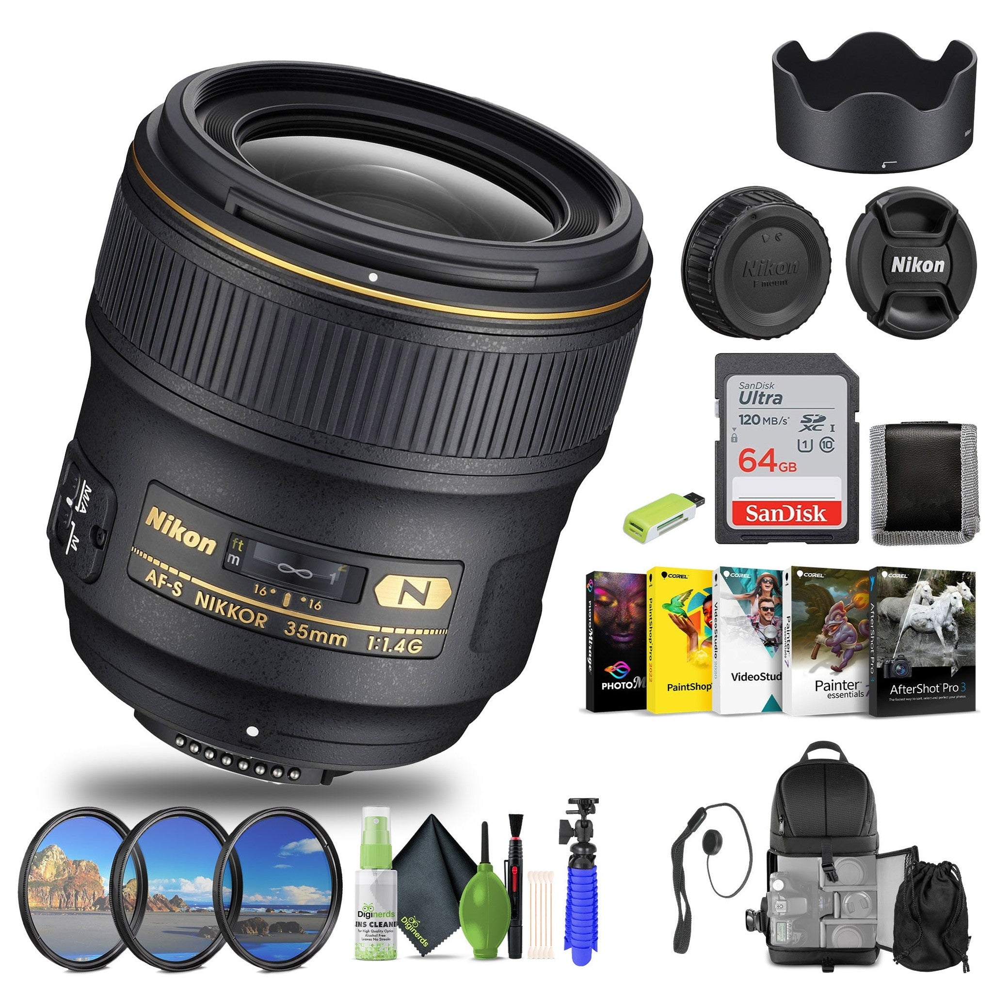 Nikon - AF-S NIKKOR 35mm f/1.4G Wide-Angle Lens 2198 + 64GB Memory Card + Filters - Bundle - Reconditioned Nikon