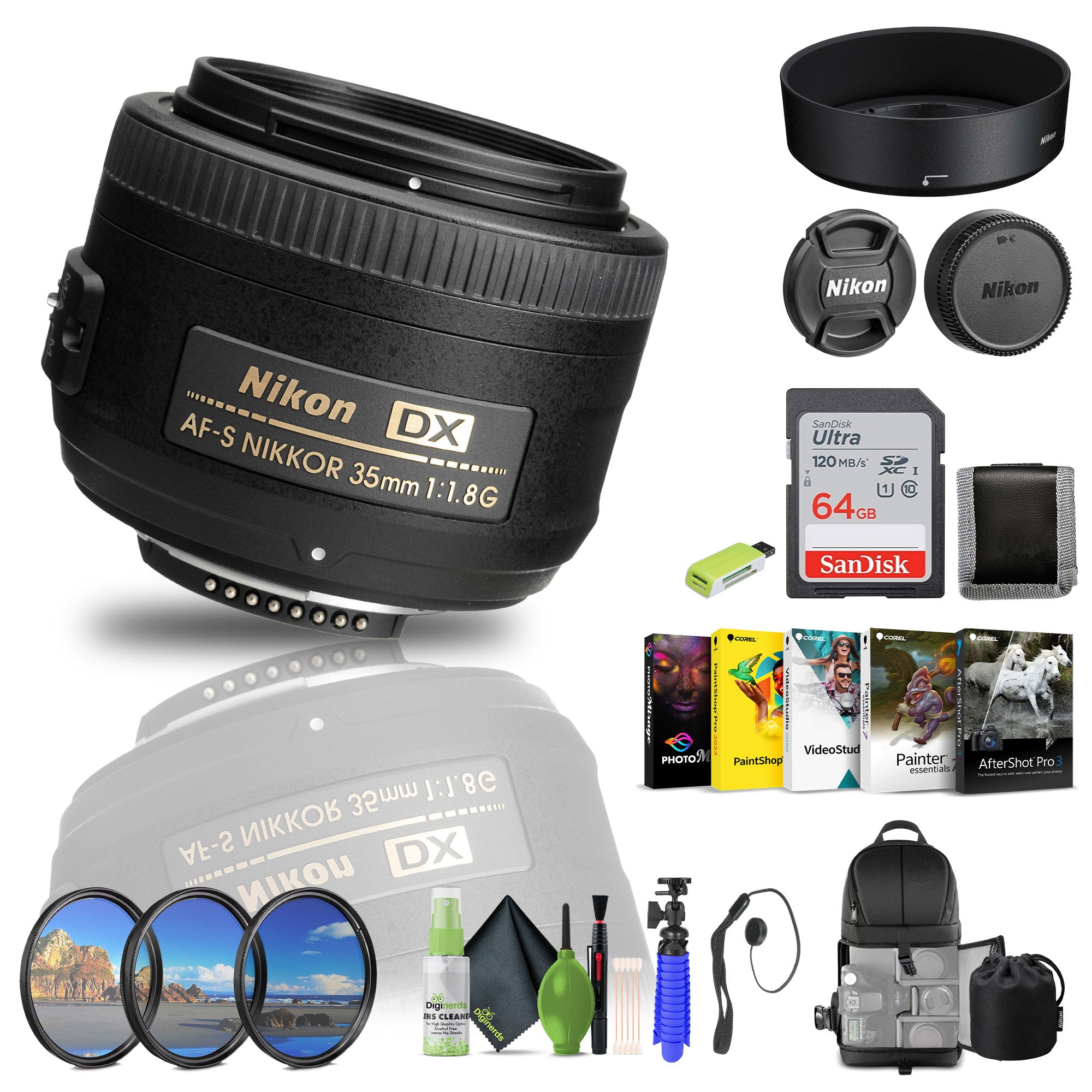 Nikon - AF-S DX NIKKOR 35mm f/1.8G Standard Lens (2183) + 64GB Memory Card + Filters - Bundle