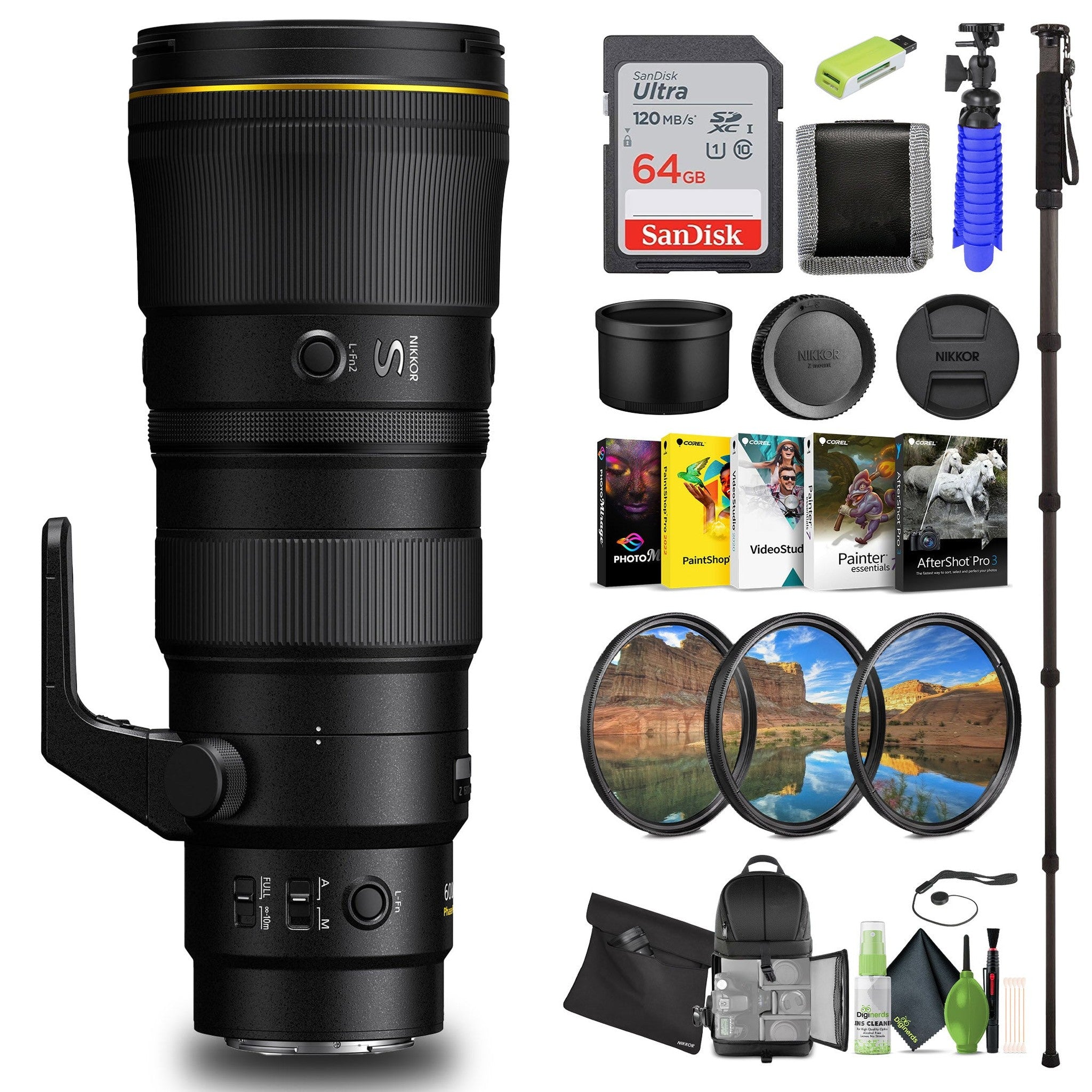 Nikon NIKKOR Z 600mm f/6.3 VR S Lens 20122 + 64GB Memory Card + BackPack - Bundle