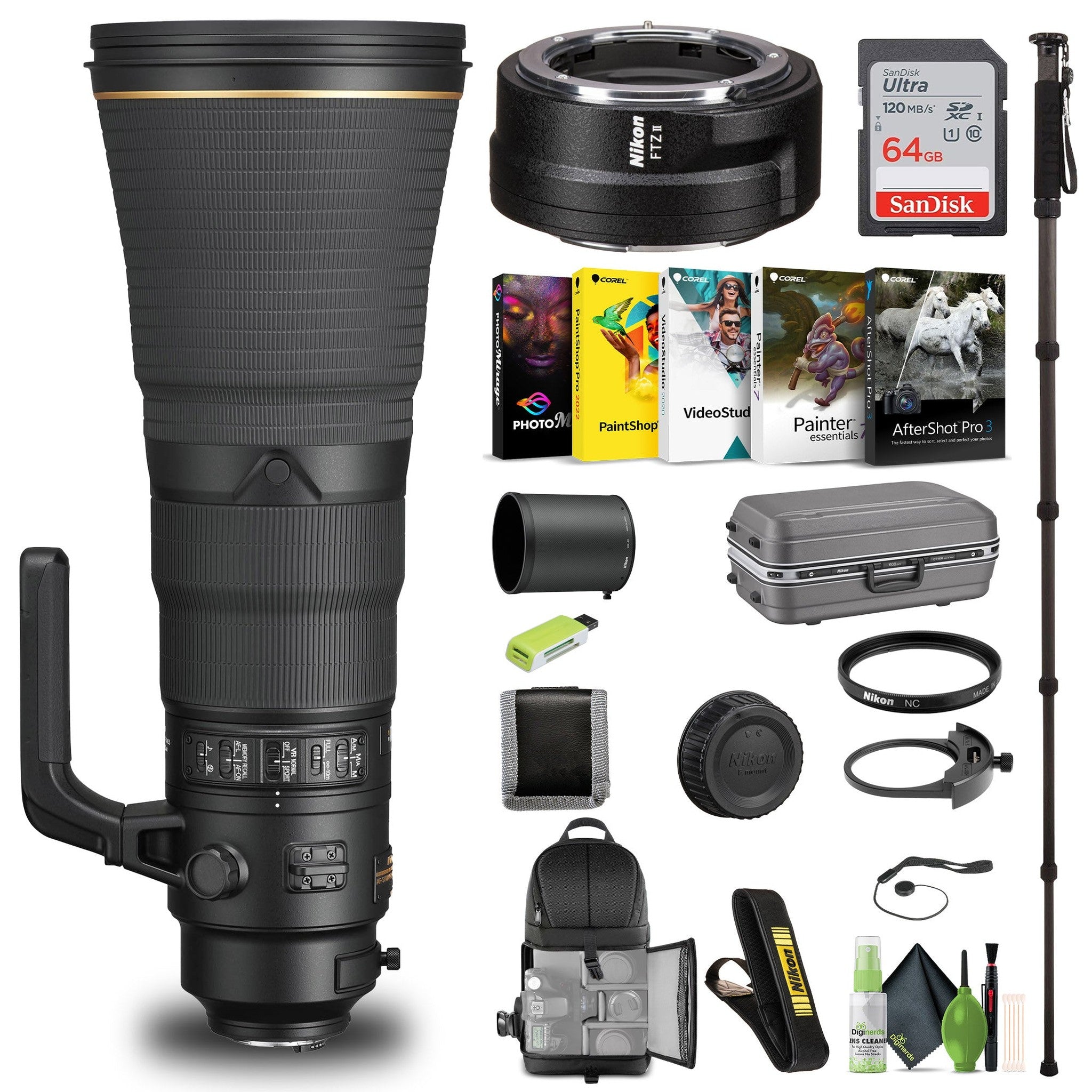 Nikon AF-S NIKKOR 600mm f/4E FL ED VR Lens 20054 + FTZ II Adapter + 64GB Card - Bundle