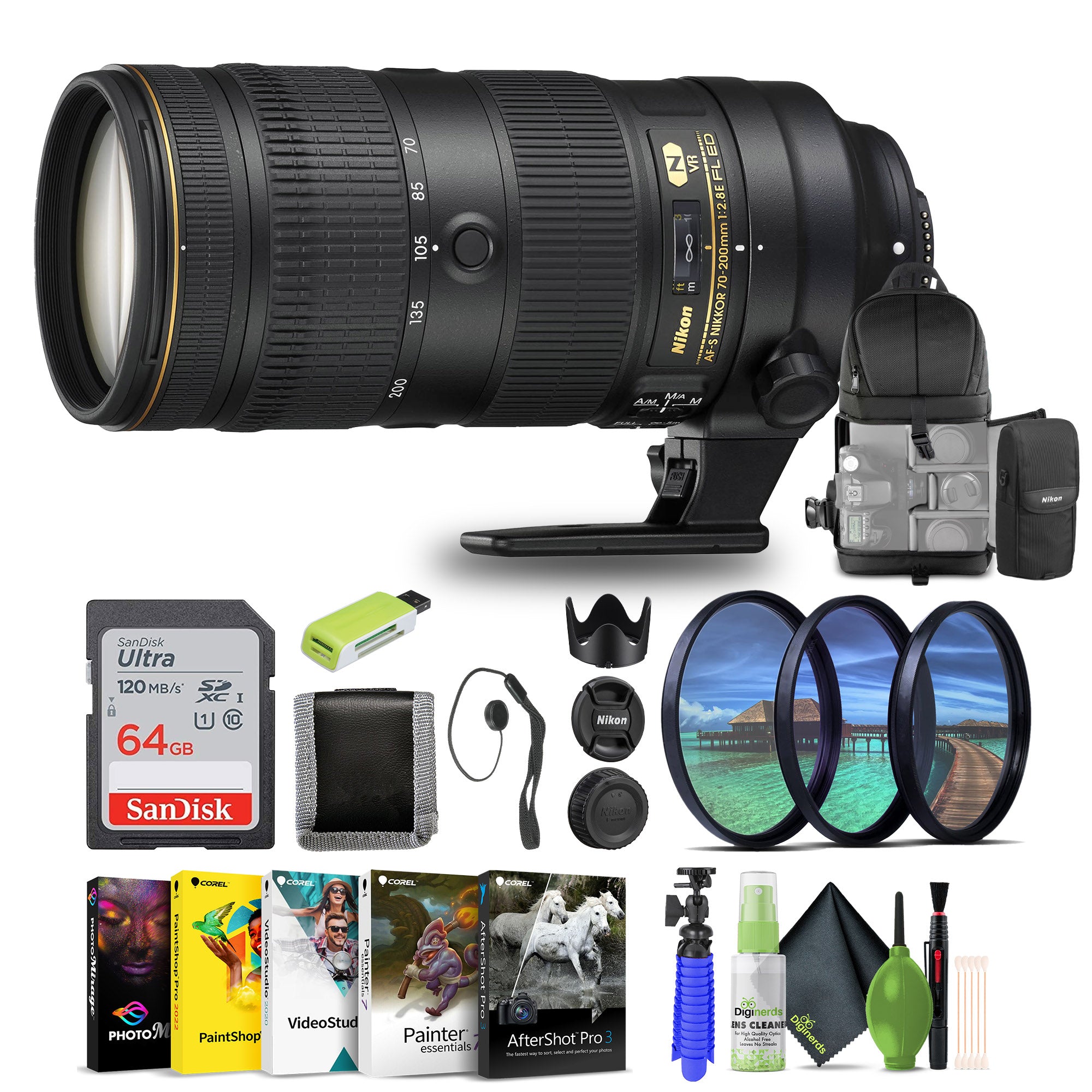 Nikon - AF-S NIKKOR 70-200mm f/2.8G ED VR II Telephoto Zoom Lens 2185 + 64GB Card - Bundle
