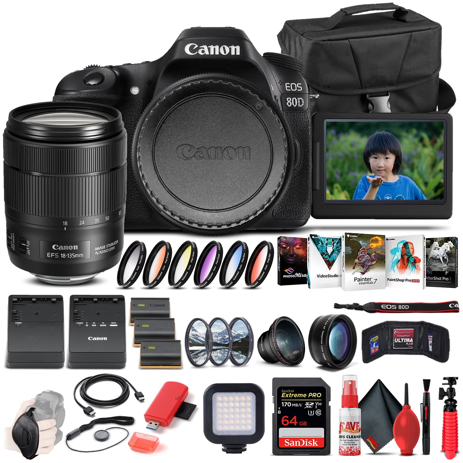 Canon EOS 80D DSLR Camera W/ 18-135mm Lens 1263C006  - Advanced Bundle