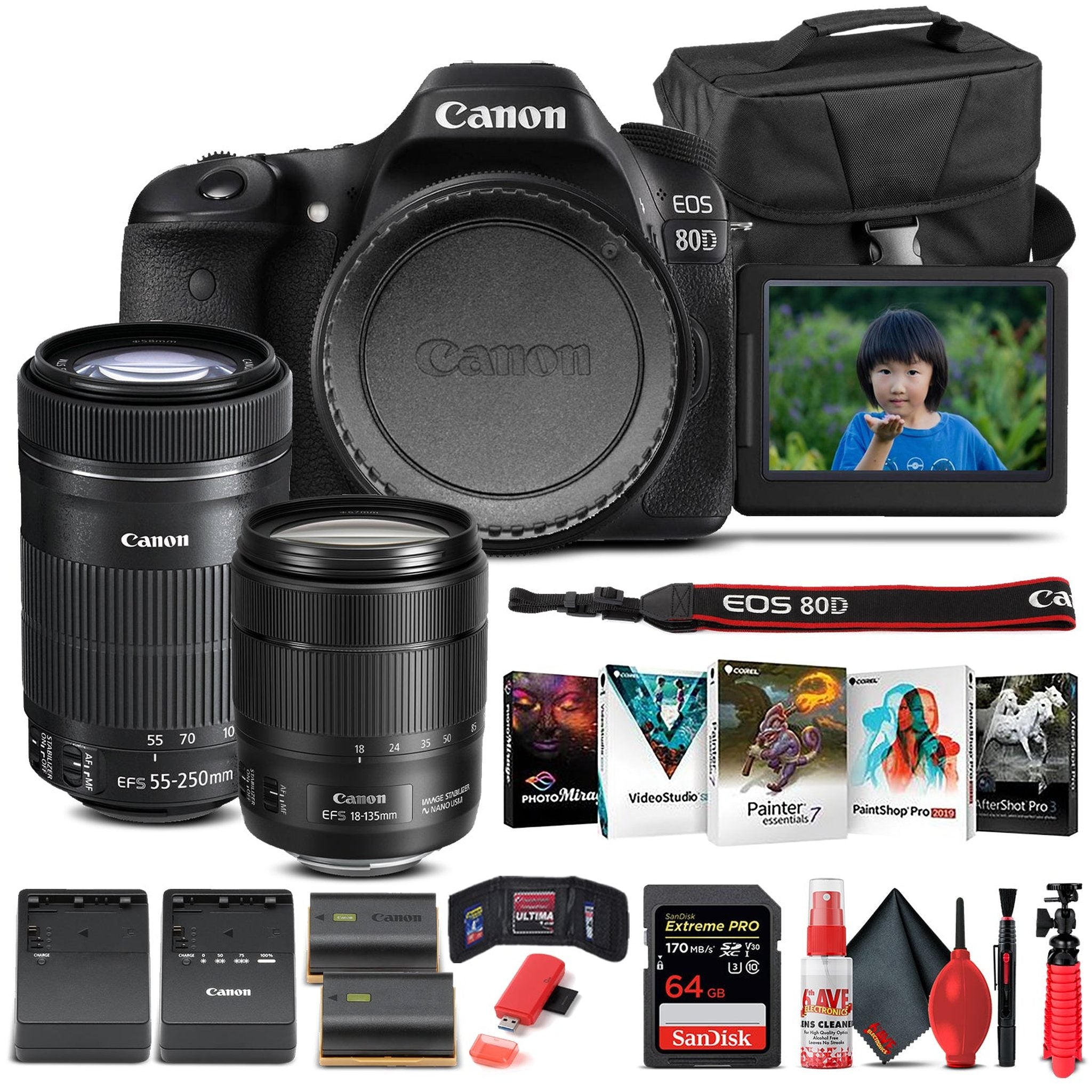Canon EOS 80D Camera W/ 18-135mm Lens and EF-S 55-250mm Lens - Basic Bundle - Reconditioned Canon