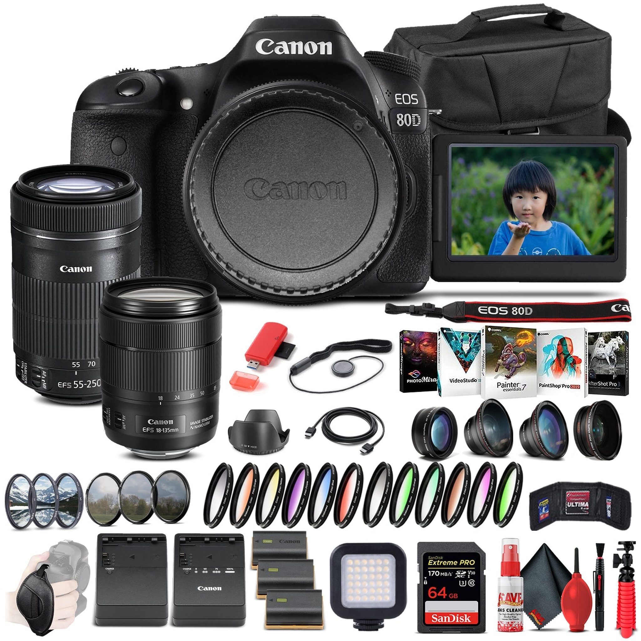 Canon EOS 80D Camera W/ 18-135mm Lens and EF-S 55-250mm Lens - Advanced Bundle - Reconditioned Canon