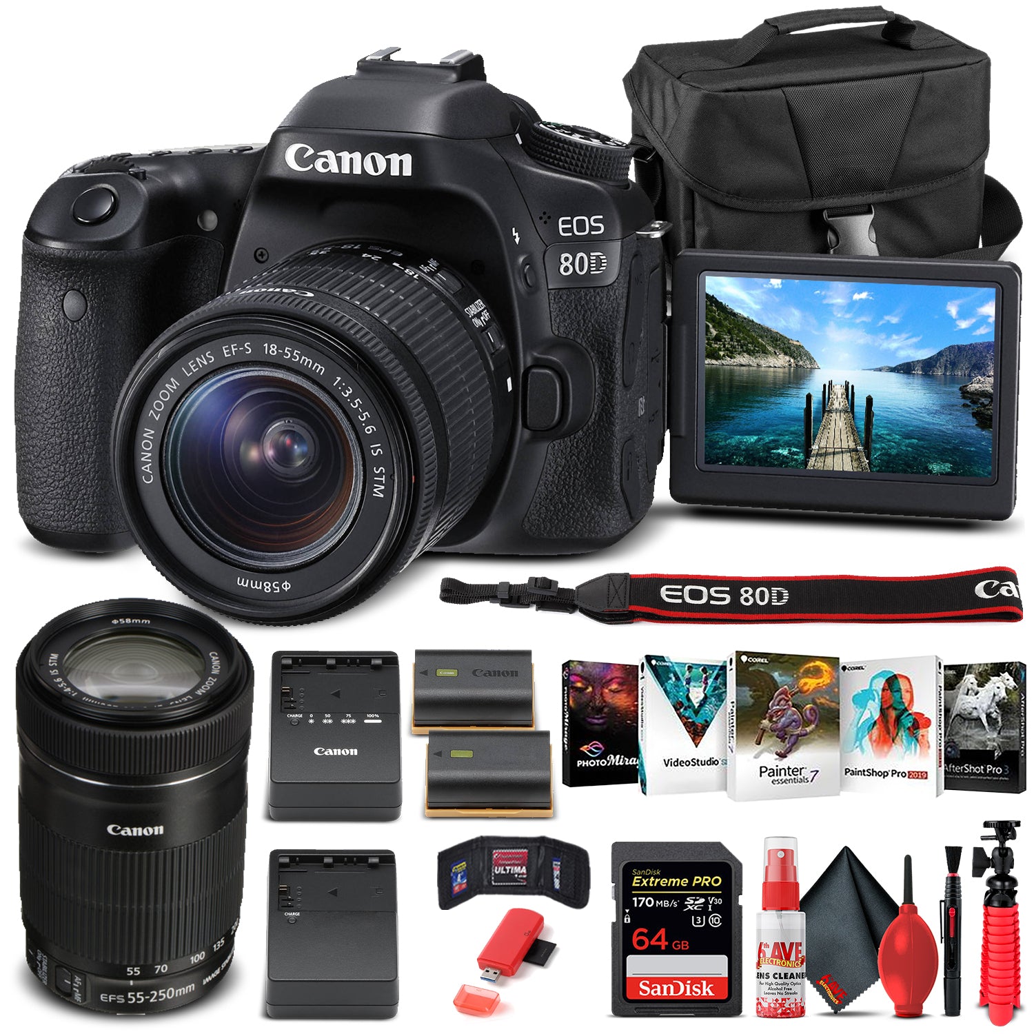Canon EOS 80D DSLR Camera W/ 18-55mm Lens and EF-S 55-250mm Lens  - Basic Bundle