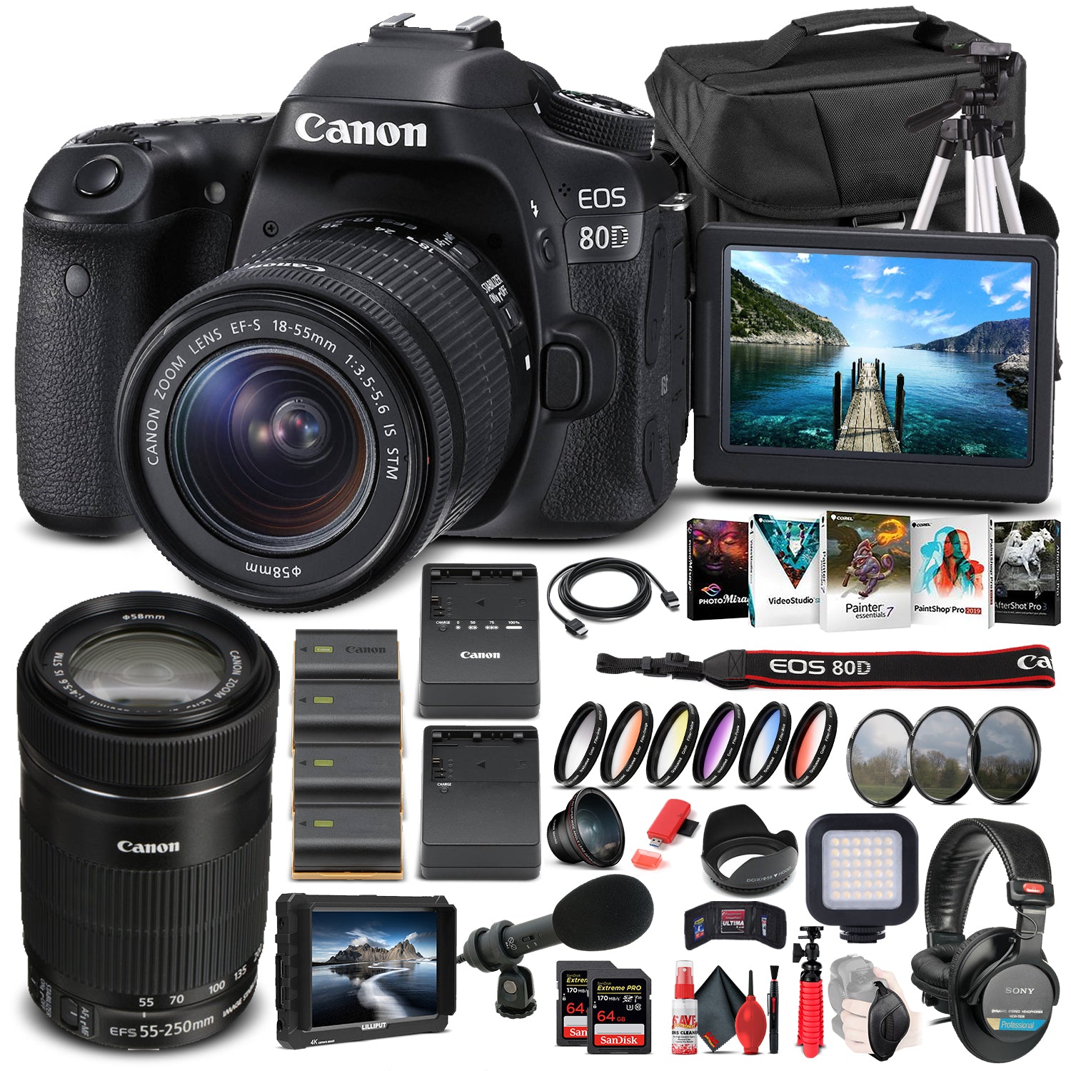 Canon EOS 80D DSLR Camera W/ 18-55mm Lens and EF-S 55-250mm Lens  - Pro Bundle