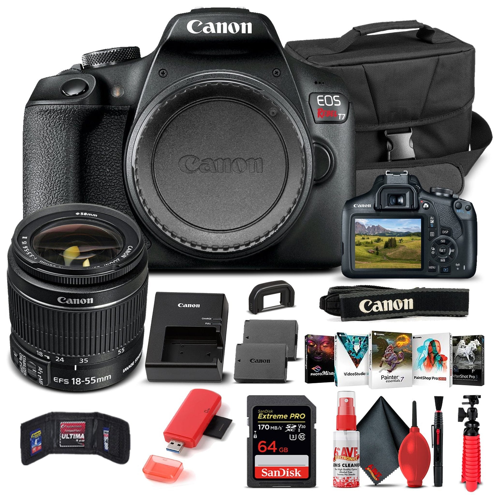 Canon EOS Rebel T7 DSLR Camera W/ 18-55mm Lens 2727C002 - Basic Bundle - Reconditioned Canon