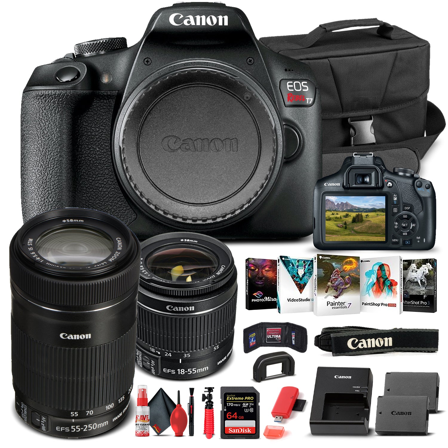 Canon EOS Rebel T7 Camera W/ 18-55mm and EF-S 55-250mm Lens  - Basic Bundle
