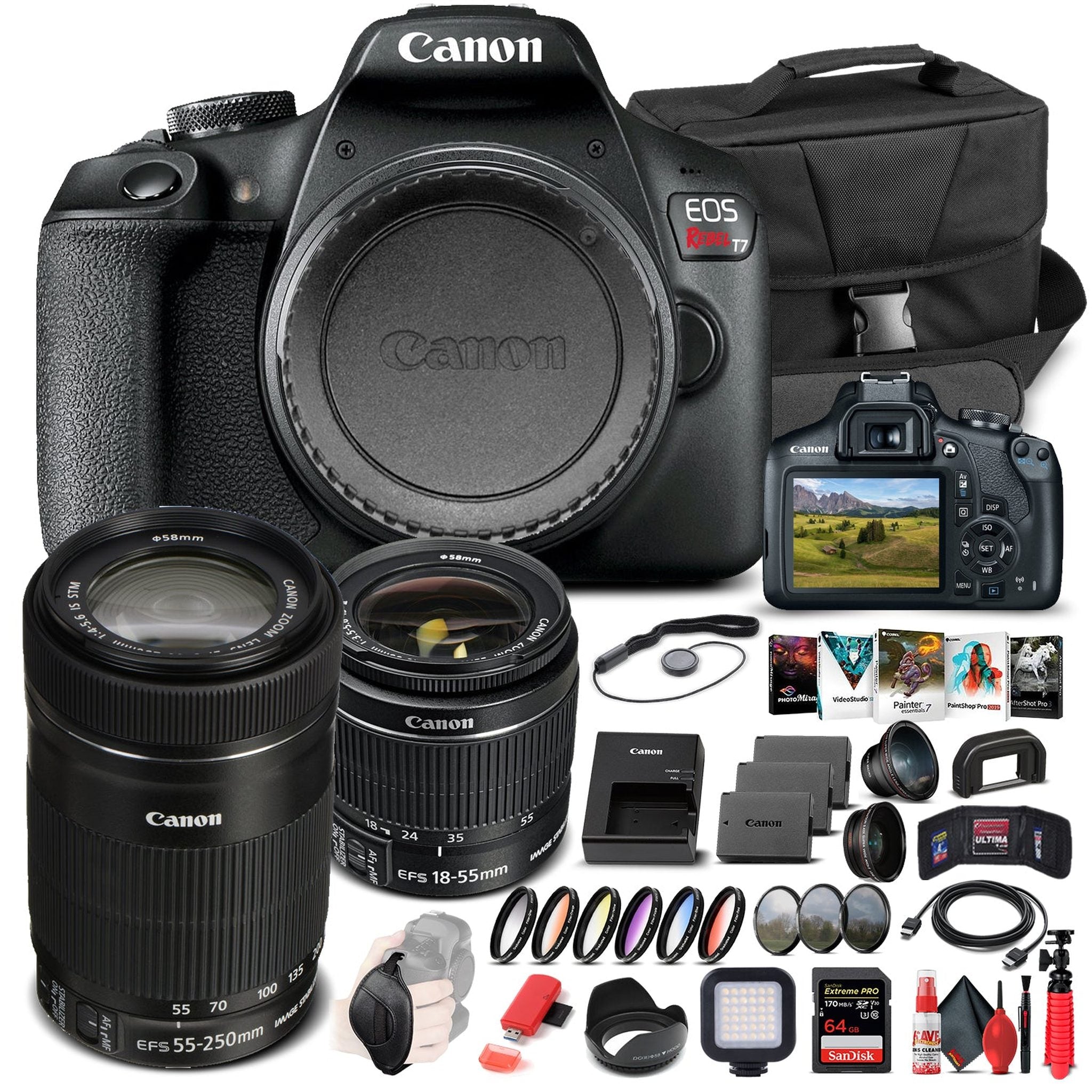 Canon EOS Rebel T7 Camera W/ 18-55mm and EF-S 55-250mm Lens - Advanced Bundle - Reconditioned Canon