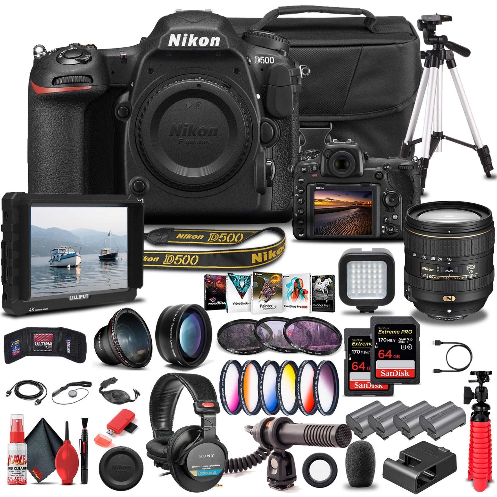 Nikon D500 DSLR Camera Body Only 1559 W/ Nikon 16-80mm Lens - Pro Bundle - Reconditioned Nikon