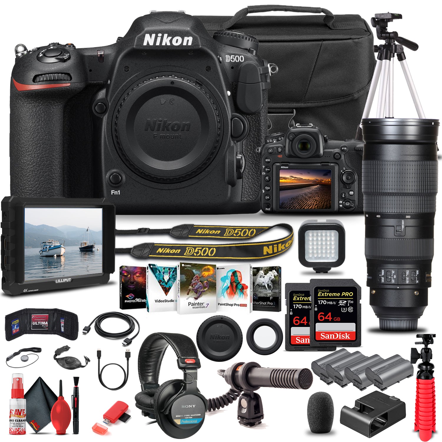 Nikon D500 DSLR Camera Body Only 1559 W/ Nikon 200-500mm Lens  - Pro Bundle
