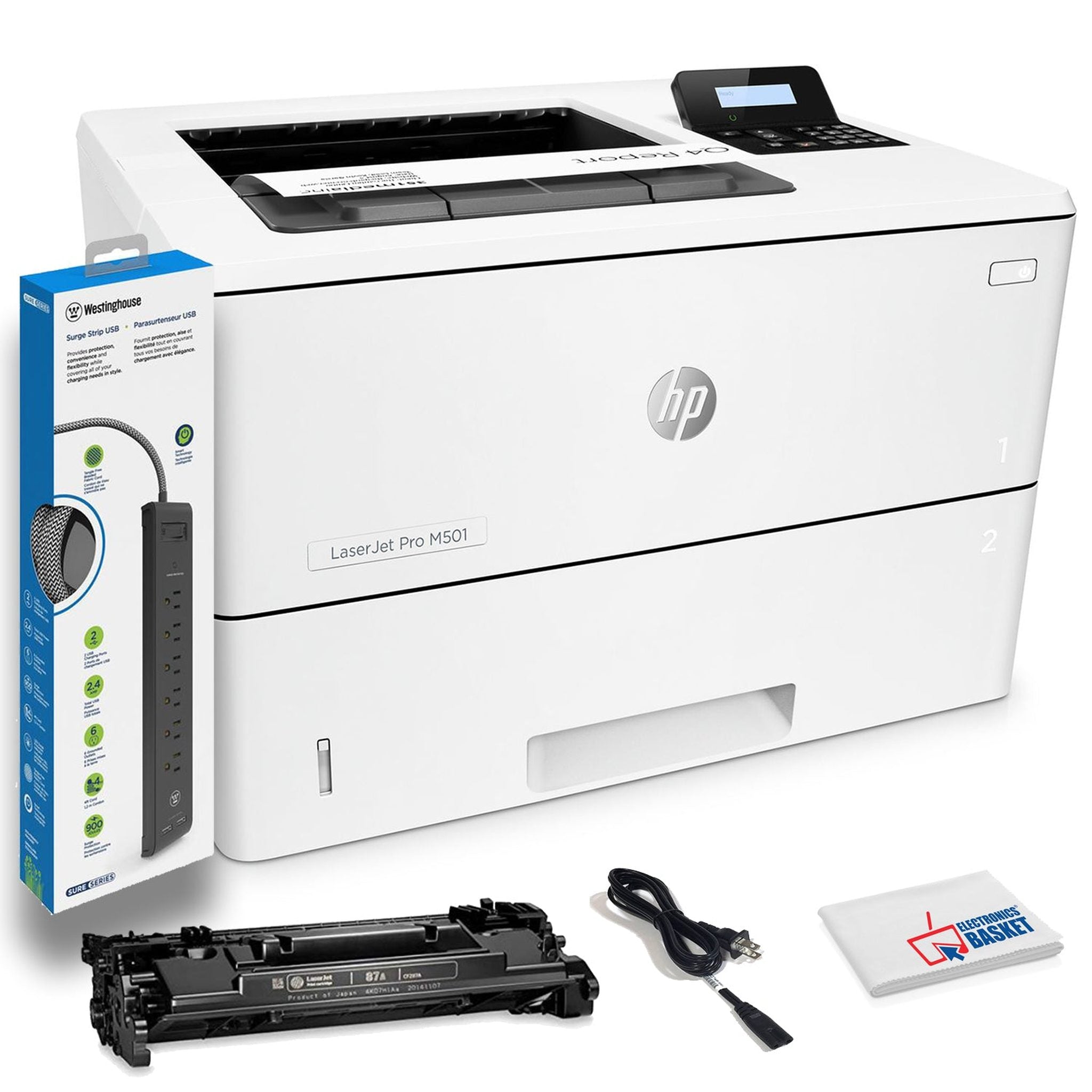 HP LaserJet Pro M501dn Monochrome Laser Printer With Built-in Ethernet And Duplex Printing J8H61A With Power Strip Surge Protector and Electronics Basket Cleaning Cloth