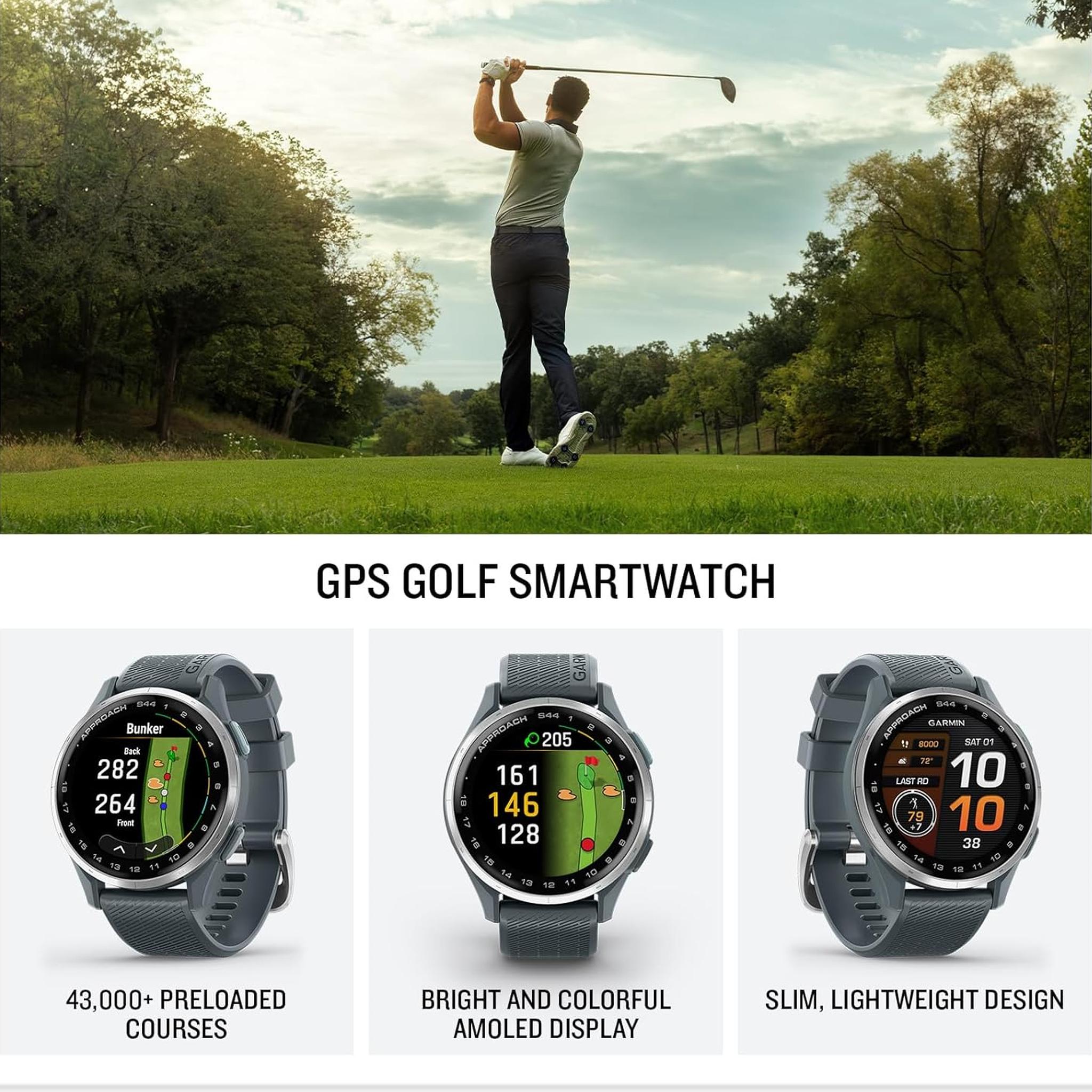 Garmin Approach S44, Silver/Black Silicone GPS Golf Smartwatch Bundle