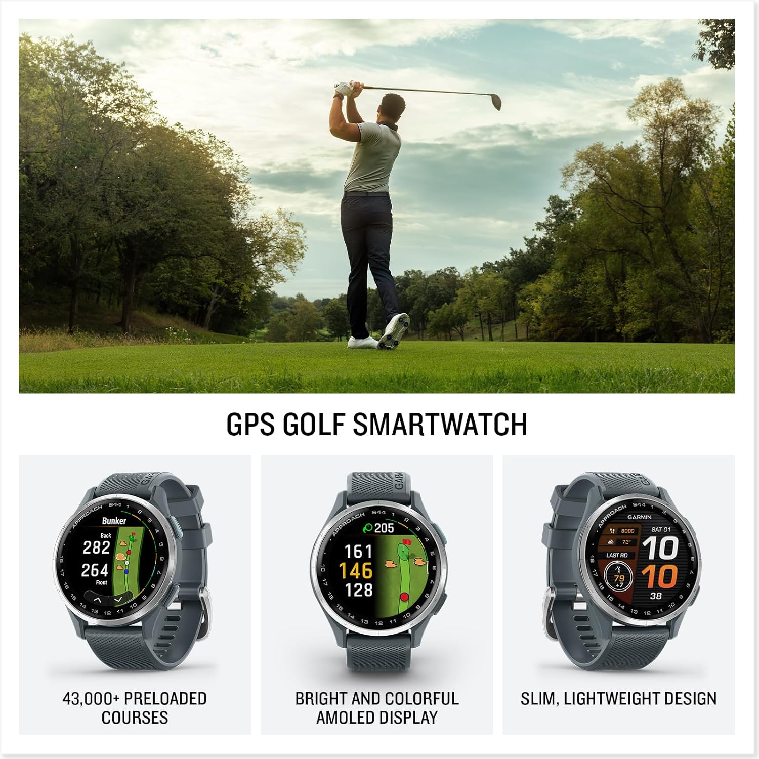 Garmin Approach S44, Silver/Black Silicone GPS Golf Smartwatch Bundle