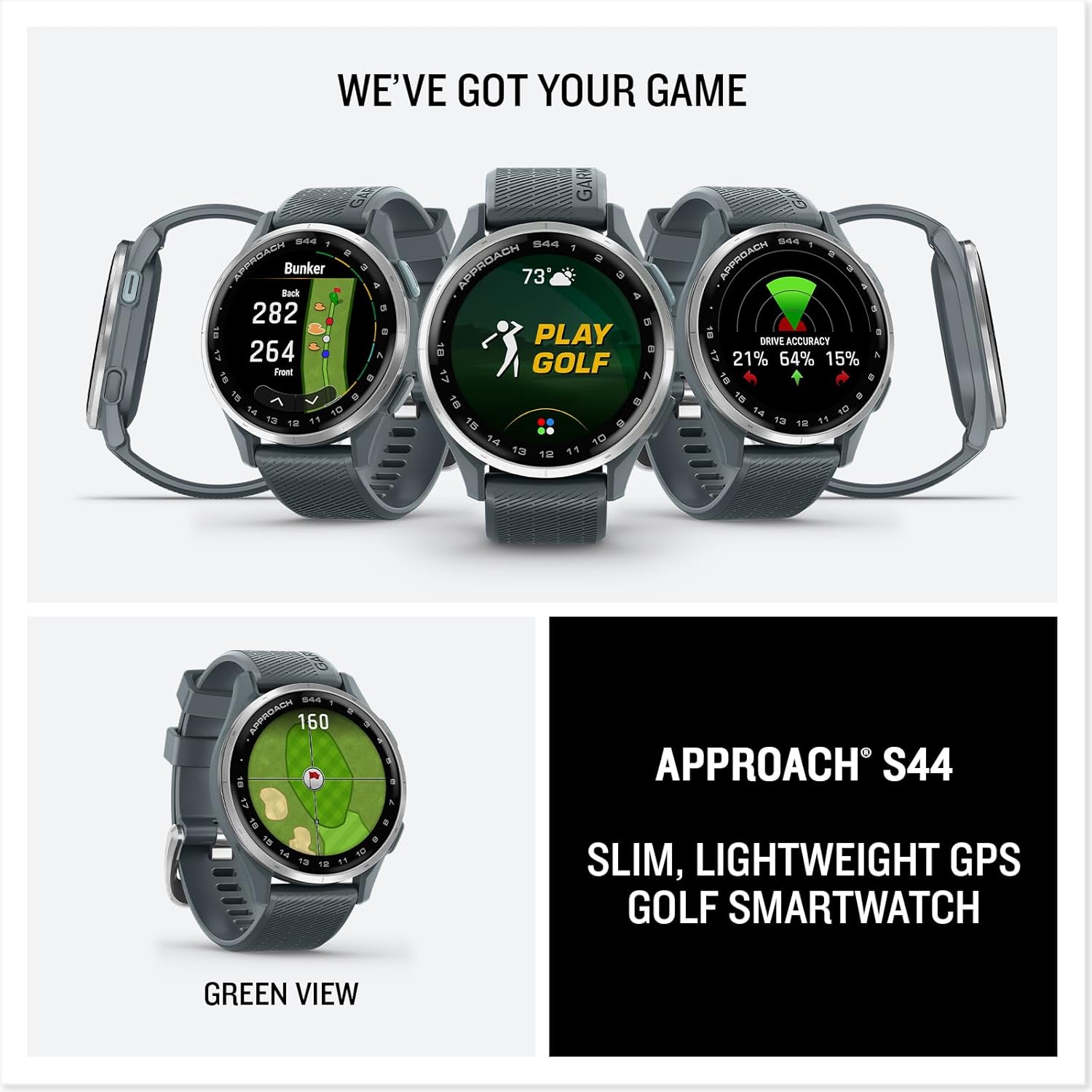 Garmin Approach S44, Silver/Black Silicone GPS Golf Smartwatch Bundle