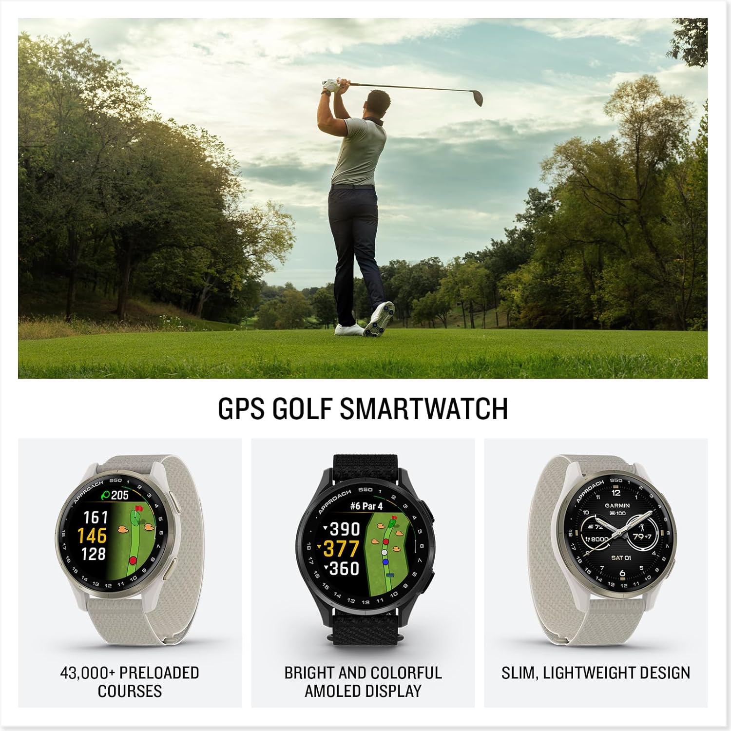 Garmin Approach S50, Cream Gold/Ivory Nylon GPS Golf Smartwatch Bundle