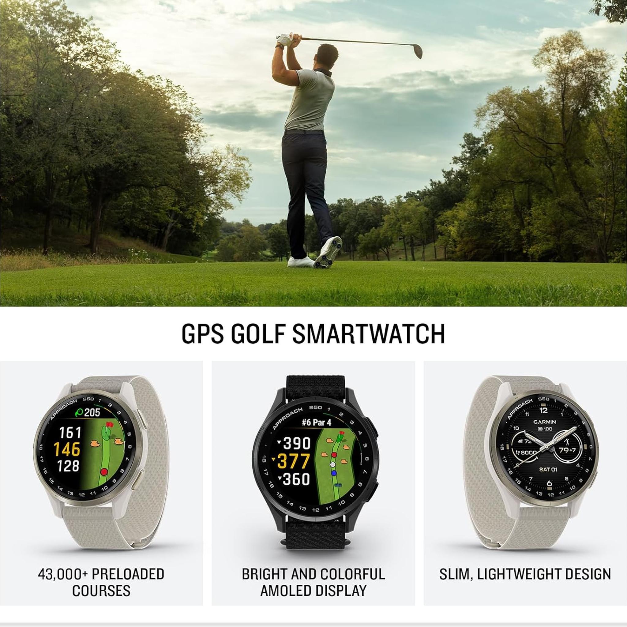 Garmin Approach S50, Slate/Black Nylon GPS Golf Smartwatch Bundle