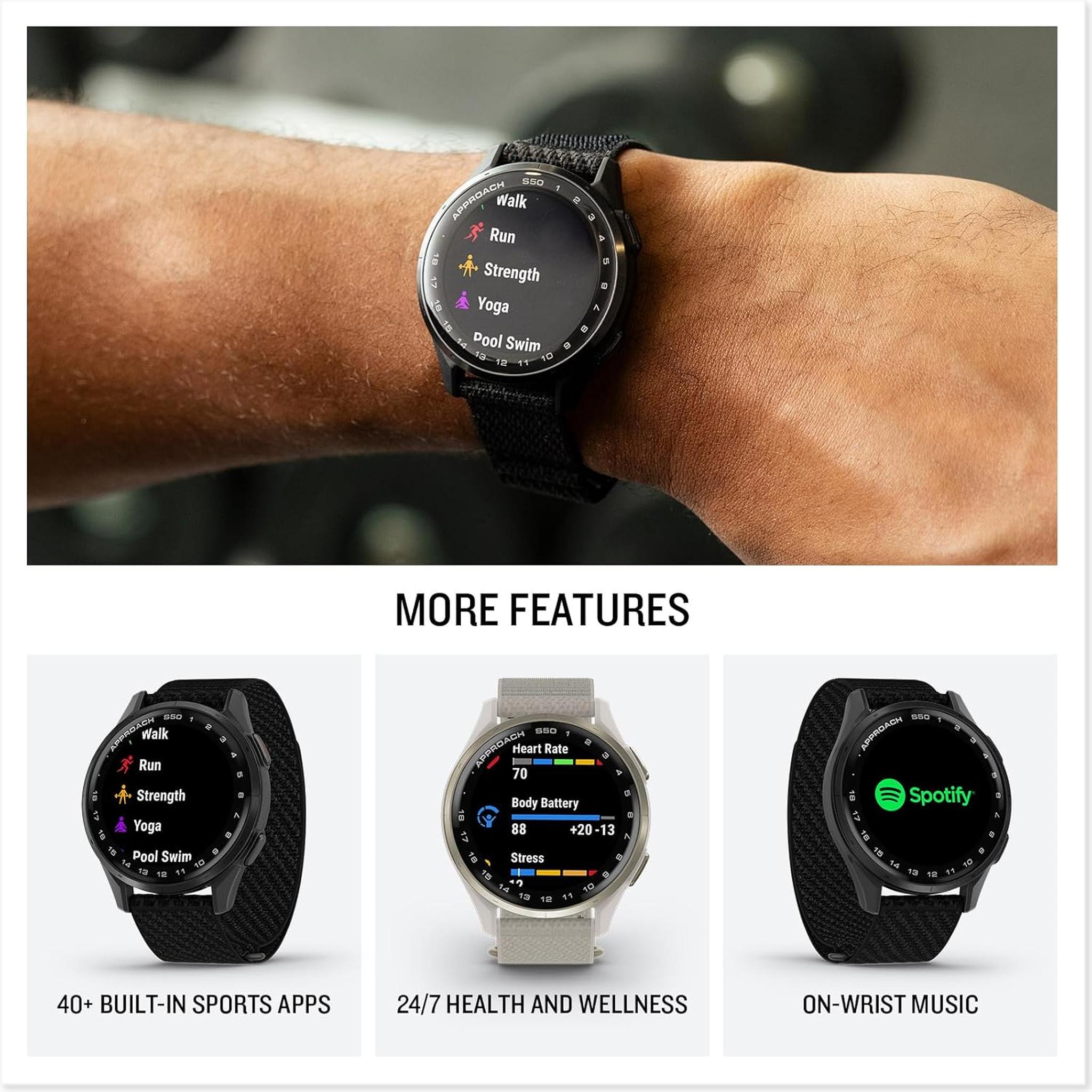 Garmin Approach S50, Slate/Black Nylon GPS Golf Smartwatch Bundle