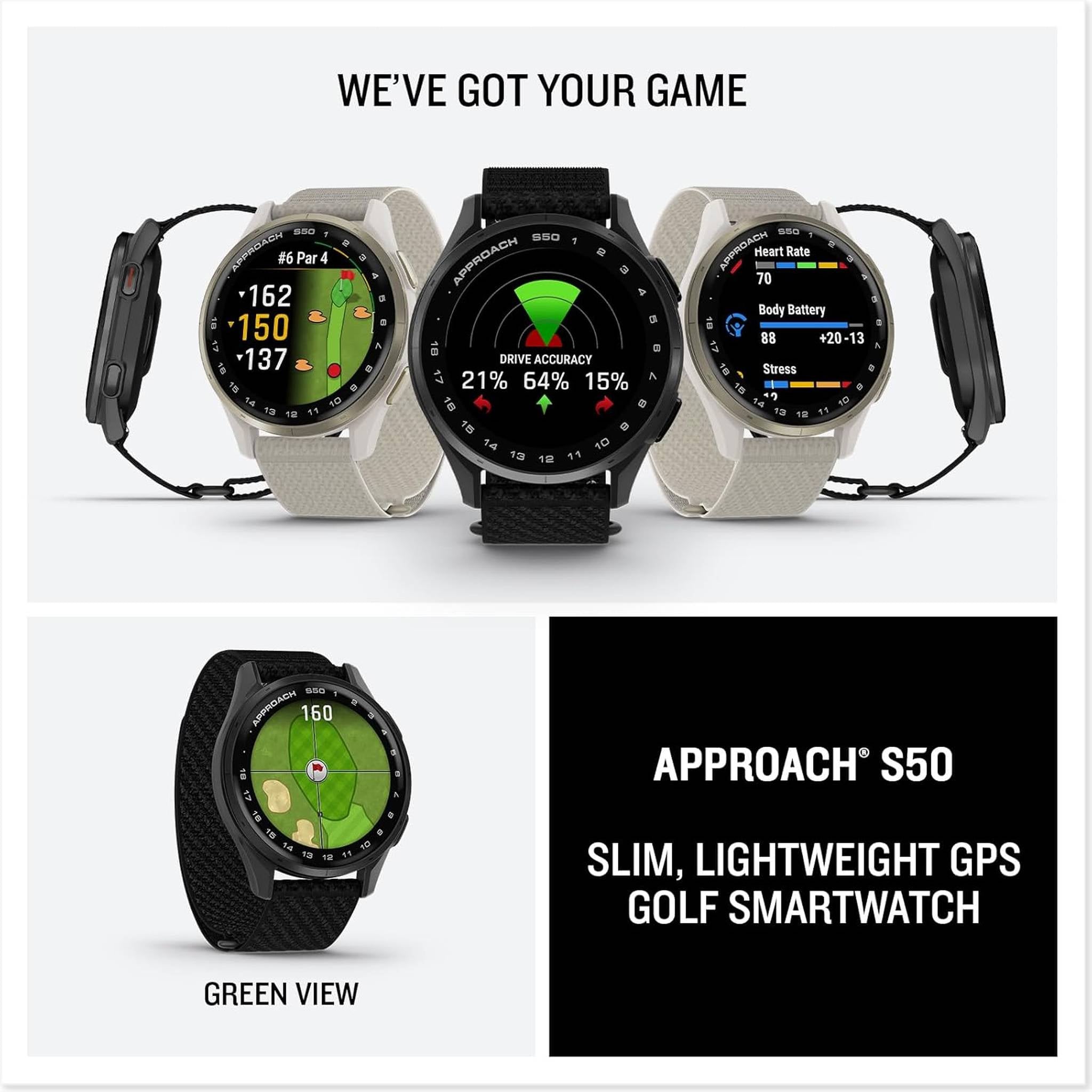 Garmin Approach S50, Slate/Black Nylon GPS Golf Smartwatch Bundle