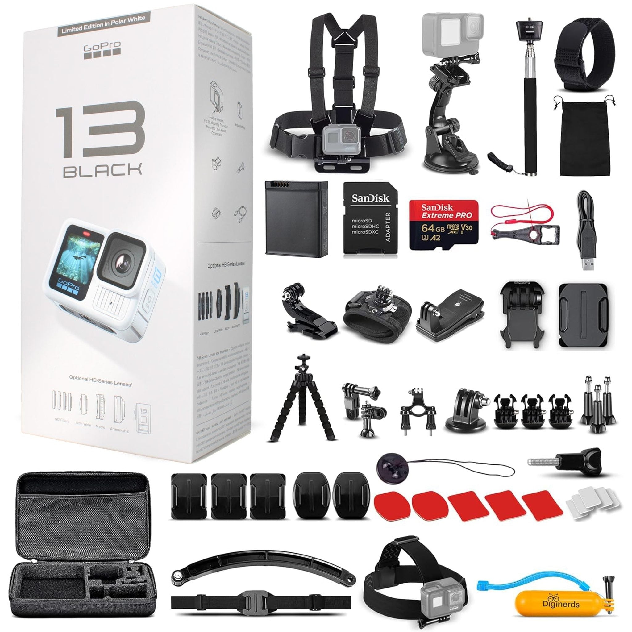 GoPro HERO13 Polar White - Waterproof Action Camera + 64GB Card and 50 Piece Accessory Kit GoPro