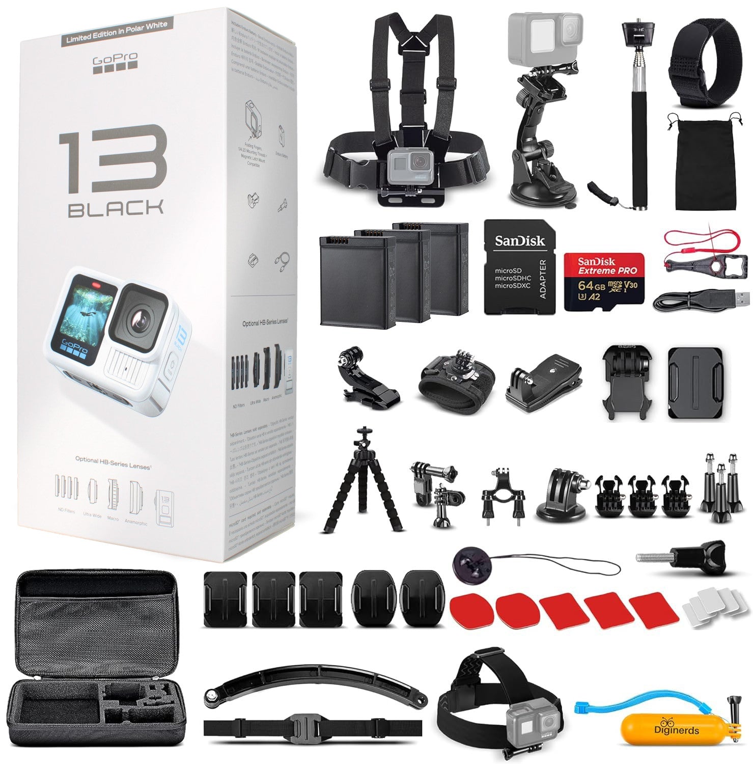 GoPro HERO13 (Polar White) - Action Camera + 64GB Card, 50 Piece Accessory Kit and 2 Batteries