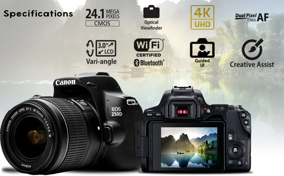 Canon EOS 250D / Rebel SL3 DSLR Camera with 18-55mm Lens (Black) + Creative Filter Set, EOS Camera Bag + Sandisk Ultra 64GB Card